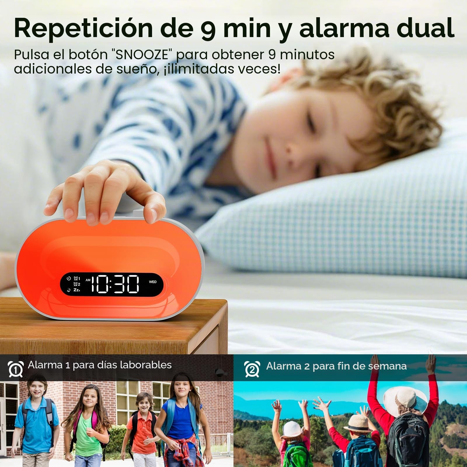 Reloj despertador de amanecer, máquina de ruido blanco con 30 sonidos relajantes, 14 luces nocturnas, 0-100% de atenuación, alarma dual, temporizador, lámpara de noche digital para niños, adolescentes