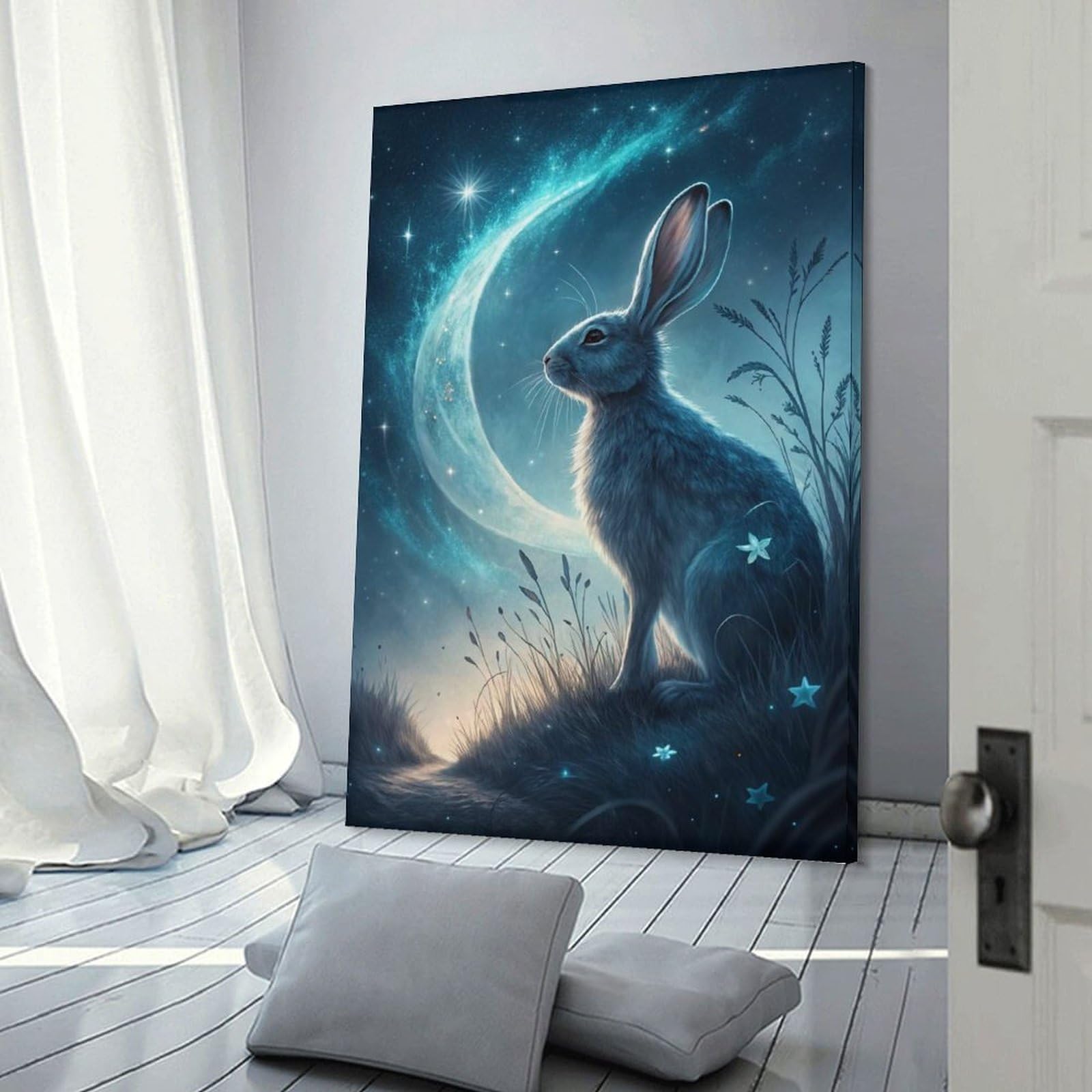 Junmoney Celestial Rabbit Under Crescent Moon Hanging Wall Art, 20x30inch(50x75cm), for Bedroom Walls, Guest Spaces Or Lounges, An Easy Wall Refresh for Bedrooms