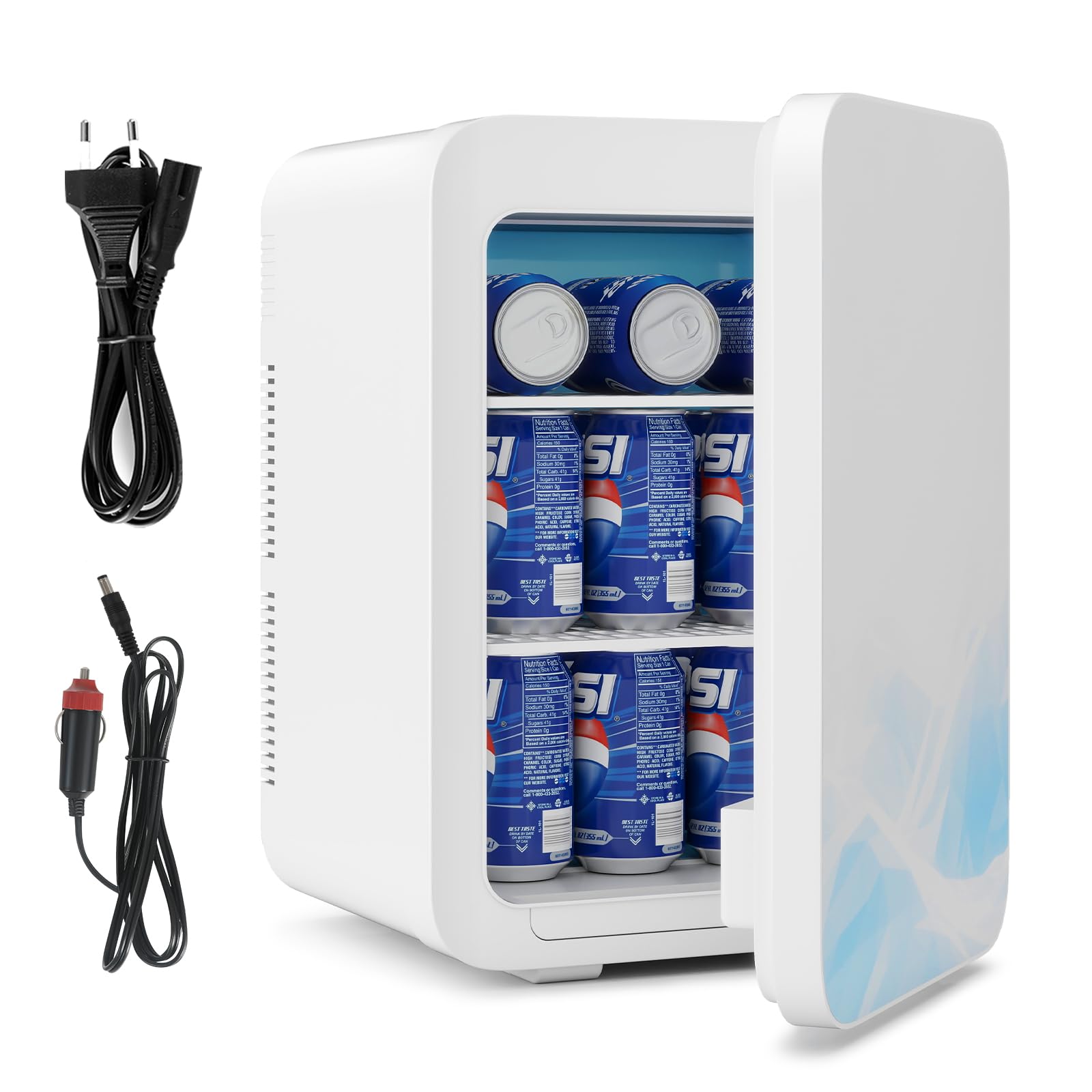 Mini Kühlschrank 20L,2 in 1 Kleiner Kühlschrank,mit Eleganter Glasfront,220V AC/12V DC,Mini-Kühlschränke,Tragbarer Skincare Fridge für Kosmetik,Getränke,für Auto/Büro/Camping,Blau+Weiß