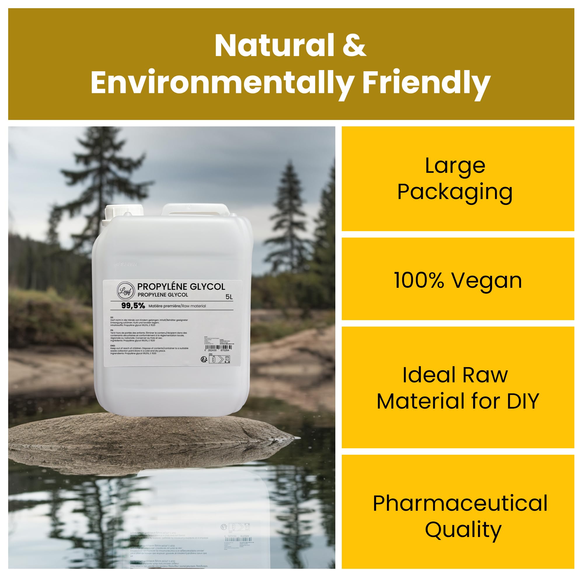 Leyf 5000 ml Propylenglykol E1520, Perfekt für DIY, Pharmaqualität 99,7% Reinheit, Lebensmittelqualität, Raw Material PG, Rein, Vegan, Ph. Eur/USP, 5L