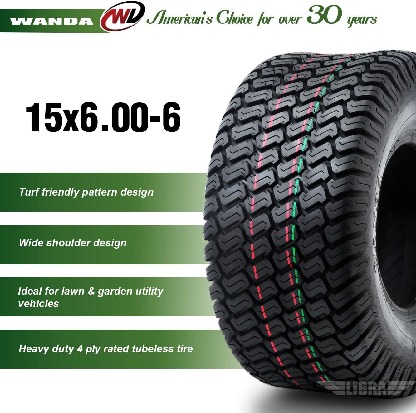 WANDA 15x6.00-6 Lawn Mower Utility Cart Turf Tire P332 /4 ply- 13016