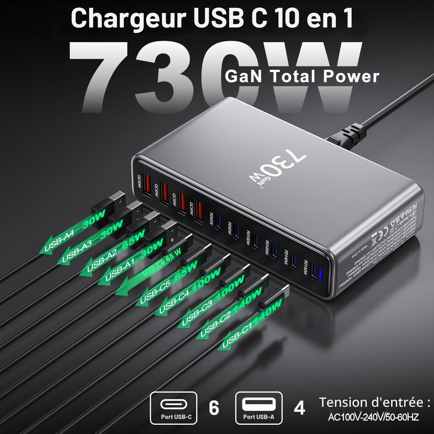 730W USB C Chargeur, Station de Charge 10 Ports de Gan III, Chargeur Rapide Adaptateur Secteur pour Laptop 140W, Alimentation PD, Compatible avec iPhone/Samsung/Google/Laptop/MacBook Pro/Air/Dell