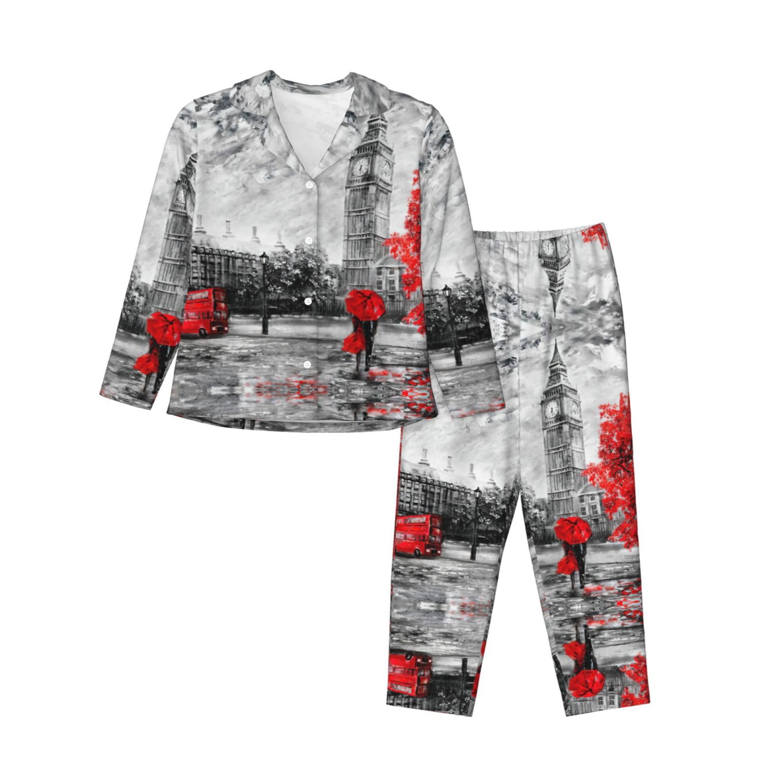 Yagdaa Women's Black Red London Street Print Pajama Sets With Pockets Long Sleeve Button Down Lounge Sleepwear Nightwear Pjs