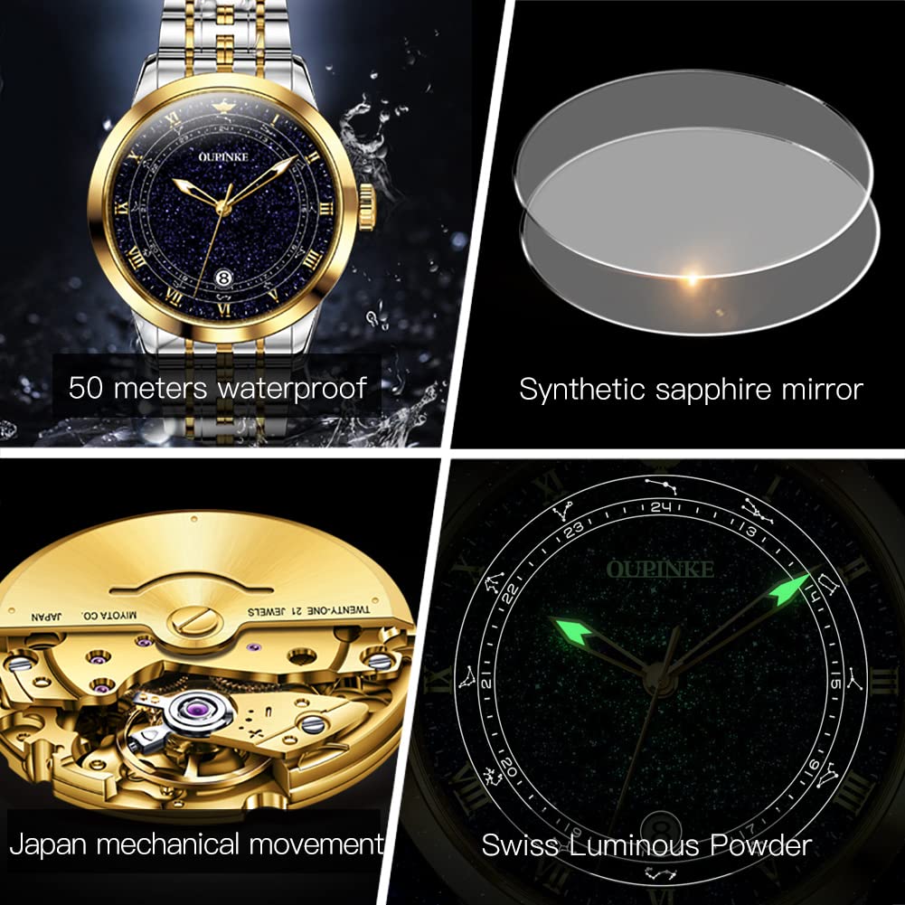 OUPINKE Automatic Watches for Men Starry Sky Luxury Mechanical Waterproof Date Luminous Sapphire Tungsten Steel Wrist Watch