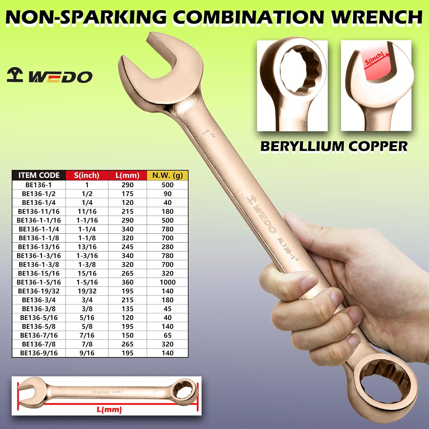 WEDO 1-3/16" Non-Sparking Combination Wrench, Spark-free Safety Combination Spanner, Beryllium Copper,Non-magnetic, Length 320mm,Die-Forgedd, DIN 3113, BAM & FM Certificate
