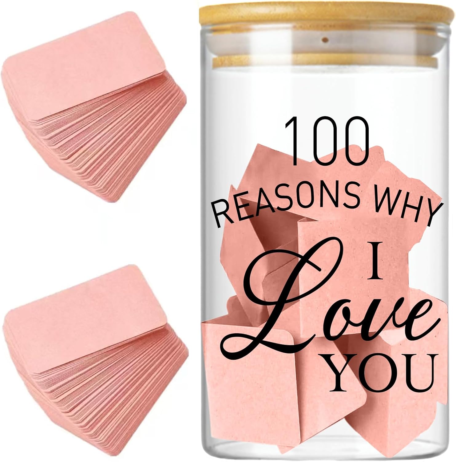 Love Memory Jar with Note Cards,Anniversary Couples Gifts for Boyfriend Girlfriend Husband Wife Reasons Why I Love You Because Jar for Anniversary Engagement Bridal Wedding Registry-Pink