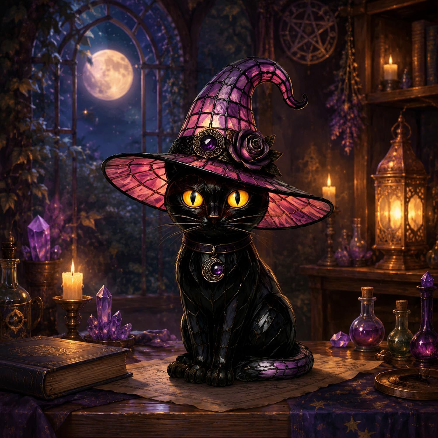 Stained Glass Black Cat Table Lamp, Gothic Witch Hat Resin Night Light