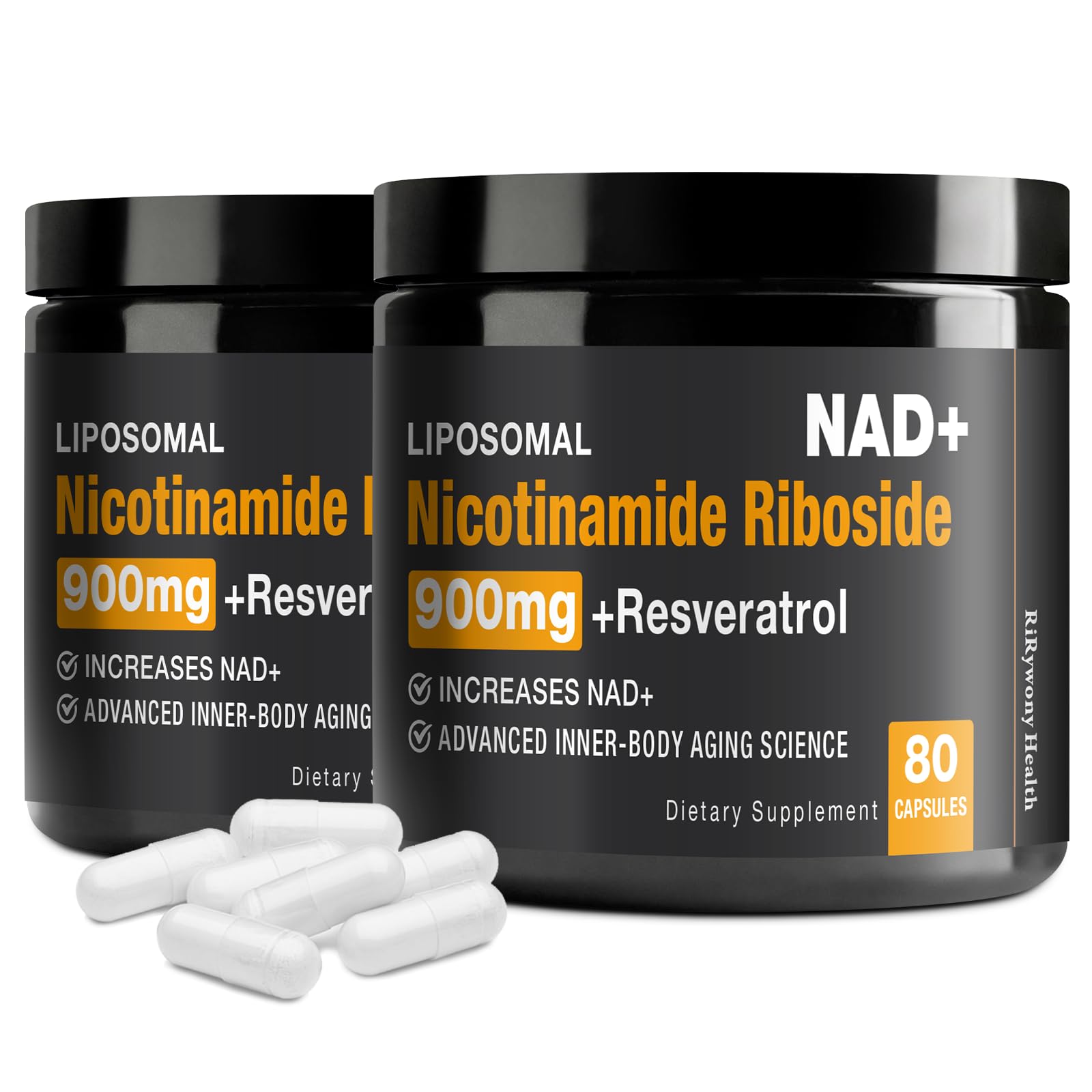 RiRywony Health NAD Supplement - NAD+ with Nicotinamide Riboside (NR) and Resveratrol Quercetin 900mg Pure Organic NAD Plus for Cellular Repair Healthy Aging Brain Function (2 Pack)