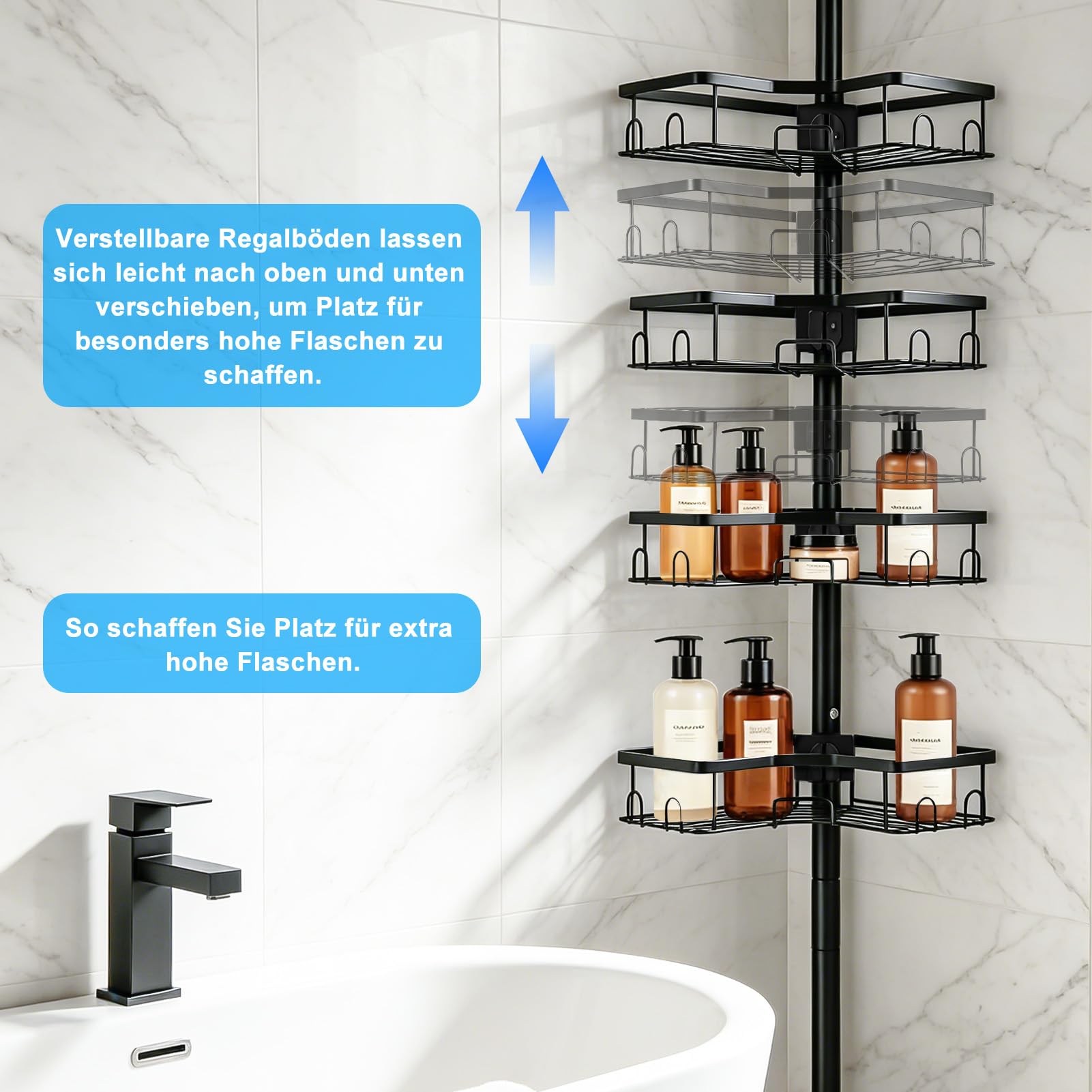 Duschablage ohne Bohren, Duschablage, Badezimmer Organizer – L-förmiges 4-Ebenen Eckregal aus Carbonstahl, matt schwarz, 85-316 cm, 25 mm Rohr, höhenverstellbar, verstellbare Ebenen