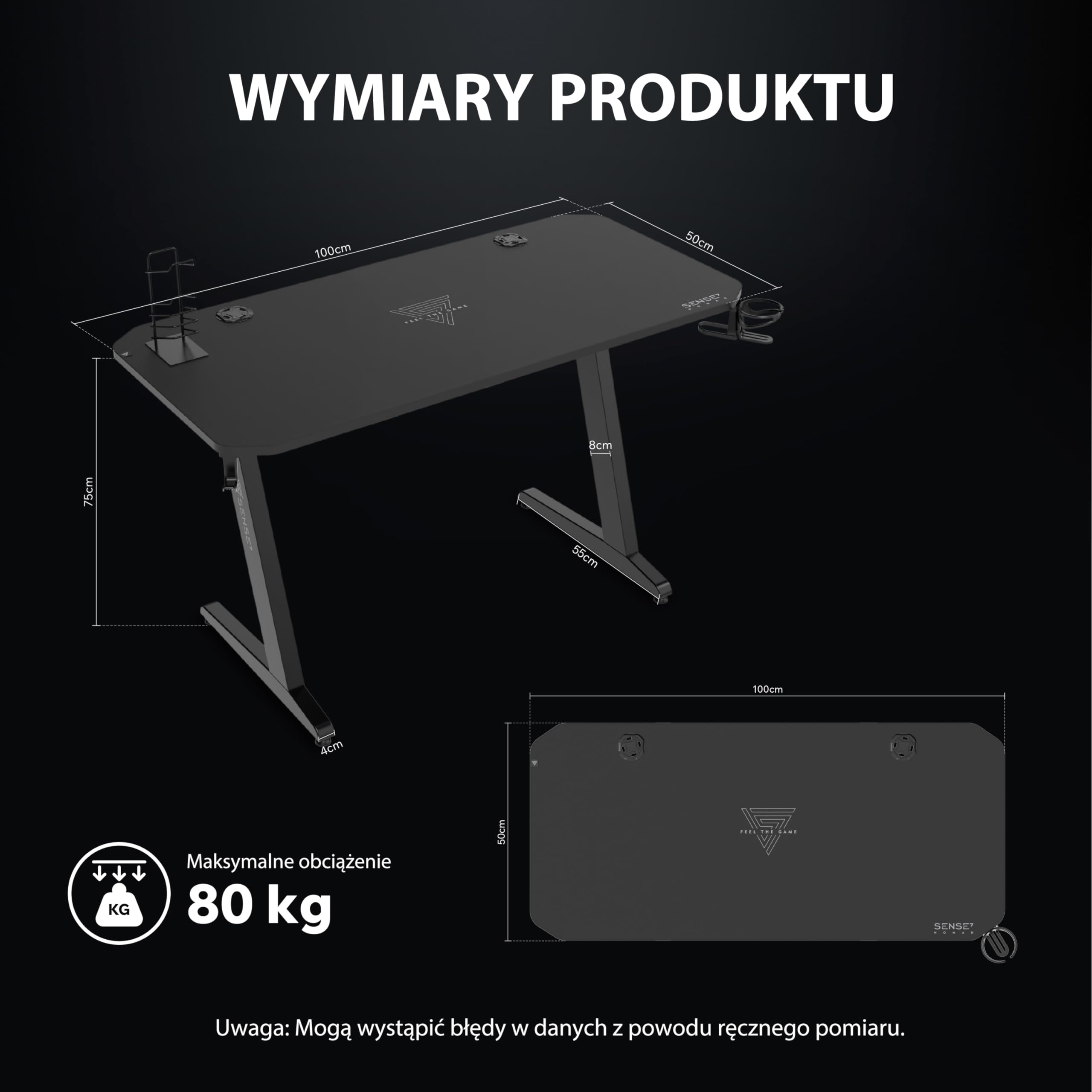 SENSE7 Biurko Gamingowe 100 x 50 cm z Uchwytem na Słuchawki, Kubek i Kontroler, Blat z Powłoką Carbon, Czarne Biurko dla Graczy, Udźwig do 80kg (Nomad Classic)