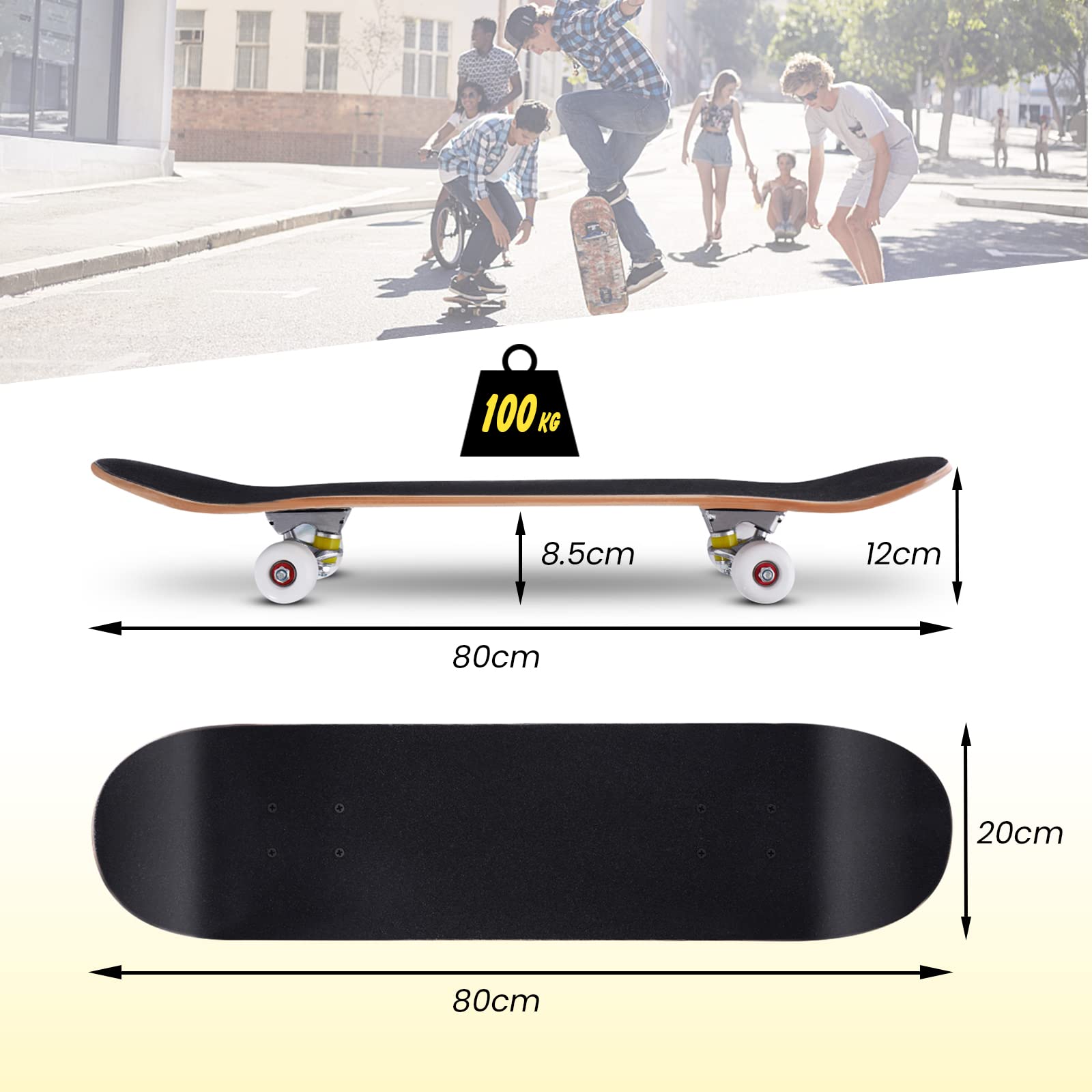 COSTWAY 80 x 20 cm Skateboard für Anfänger, Komplette Cruiser mit ABEC-7 Kugellager, 7-Lagiger Longboard Ahornholz