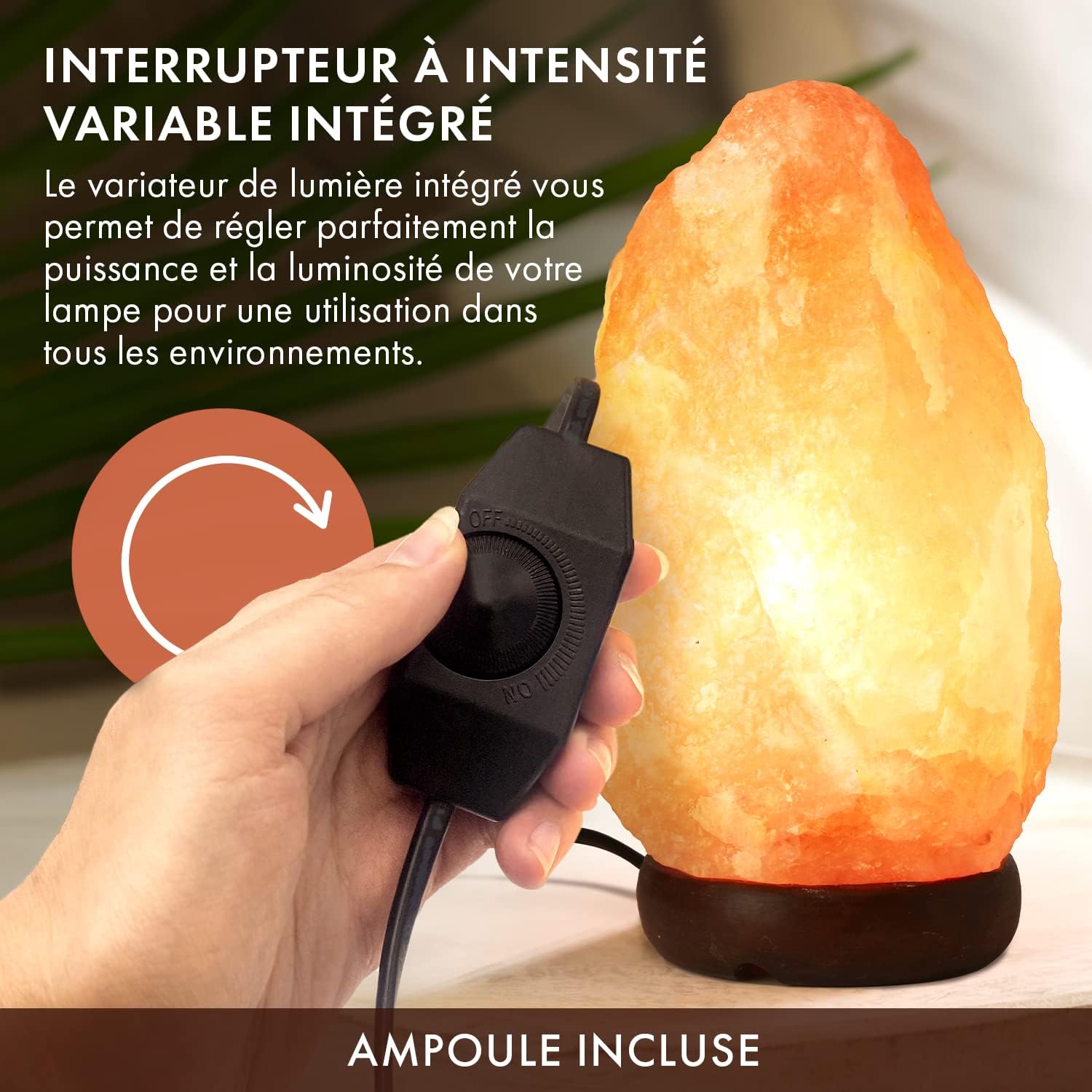 A hand adjusting the dimmer switch of The Body Source Himalayan Salt Lamp.