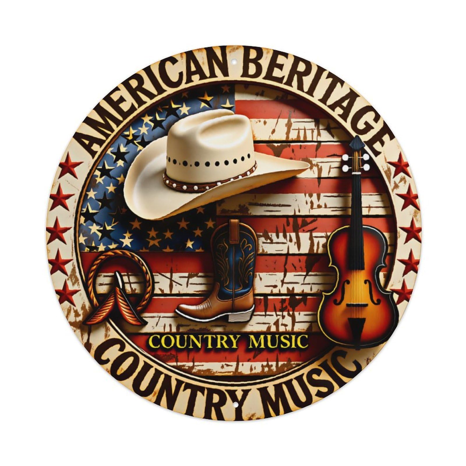 American Country Music Themed Round Sign Vintage Aluminium Metal Sign, Retro Wall Decor for Home, Bar, Garage & Farmhouse 20x20cm