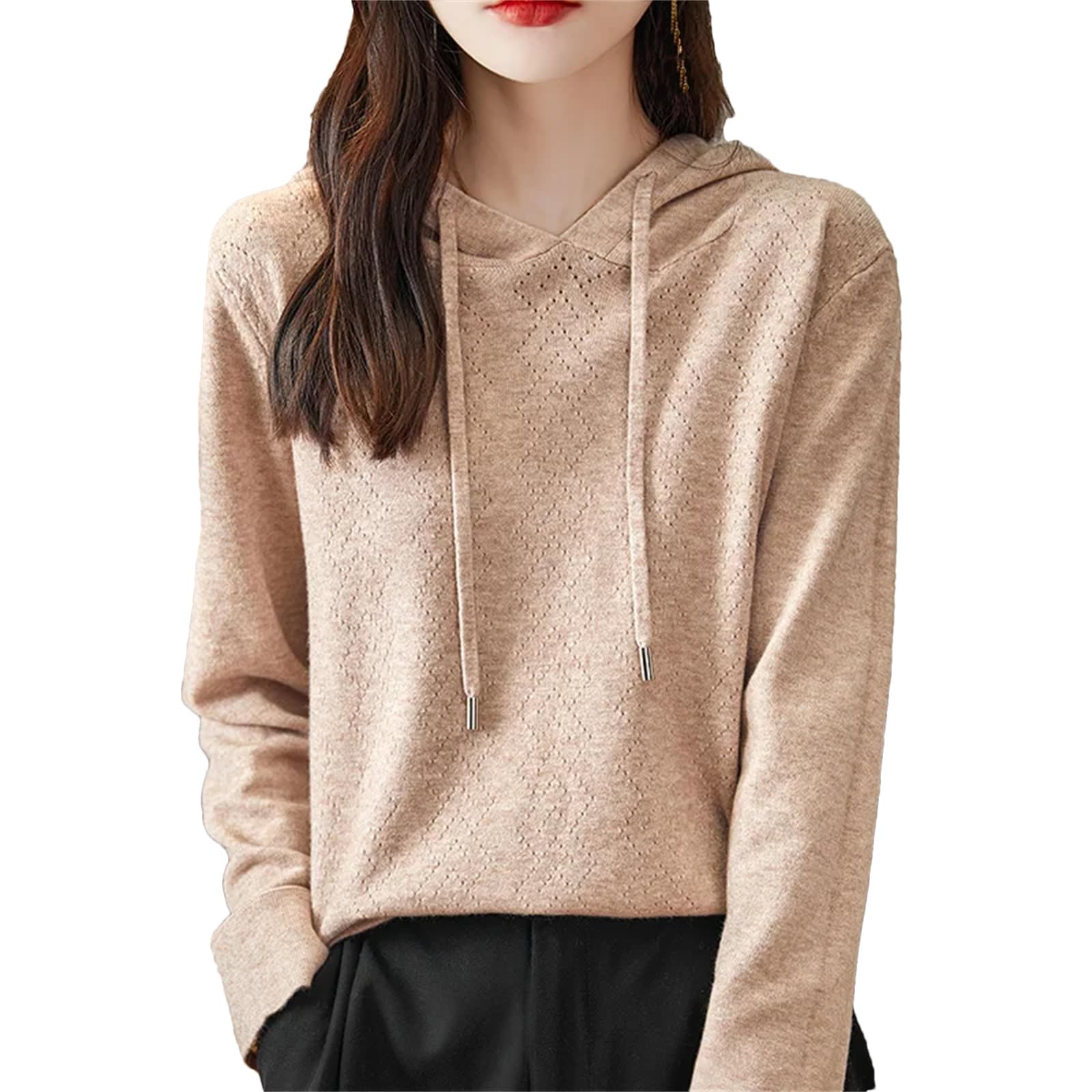 Pullover da donna con cappuccio in cashmere primaverile maglione con cappuccio sciolto felpa con cappuccio a maglia, Colore Avena, S