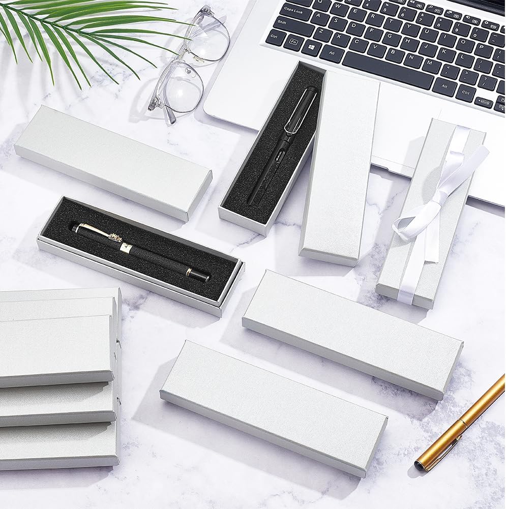 BENECREAT 16Pcs Empty Pen Gift Boxes, 7.1x2x1 Inch Cardboard Pen Cases with Sponge for Jewelry Collection Gift Packaging Office Supplies Birthday Souvenir, Silver