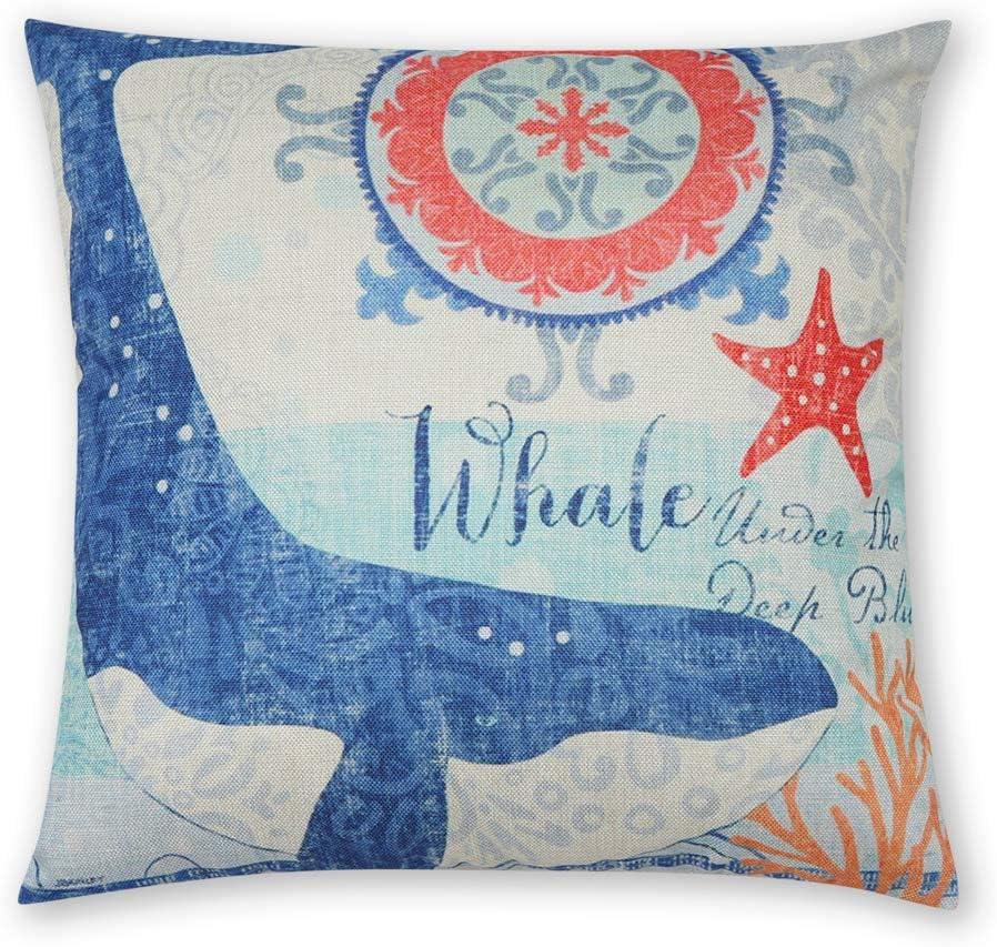INSHERE 4 Pack Ocean Theme Throw Pillow Covers Decorative Mediterranean Style Square Pillowcases Cotton Linen Cushion Cover 18 X 18 Inch (Ocean-A)