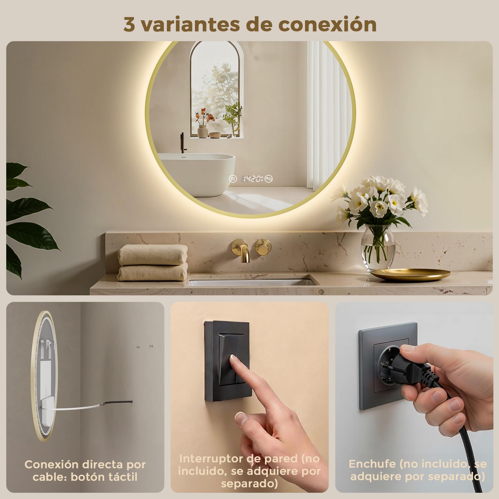 S'AFIELINA Espejo Baño con Luz LED Redondo Ø70 cm, Marco Dorado | Espejo Redondo de Baño con LED, Espejo Retroiluminado, Diseño Sin Marco, Luz Neutra, Espejo de Pared, Decorativo para Baño