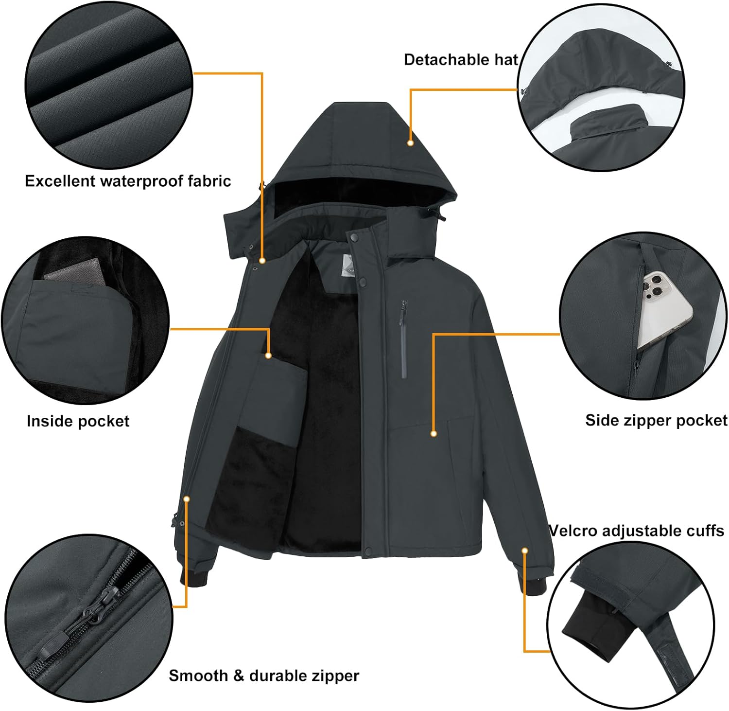 CAMEL CROWN Men's Mountain Snow Waterproof Ski Jacket Detachable Hood Windproof Fleece Parka Rain Jacket Winter Coat - Image 4