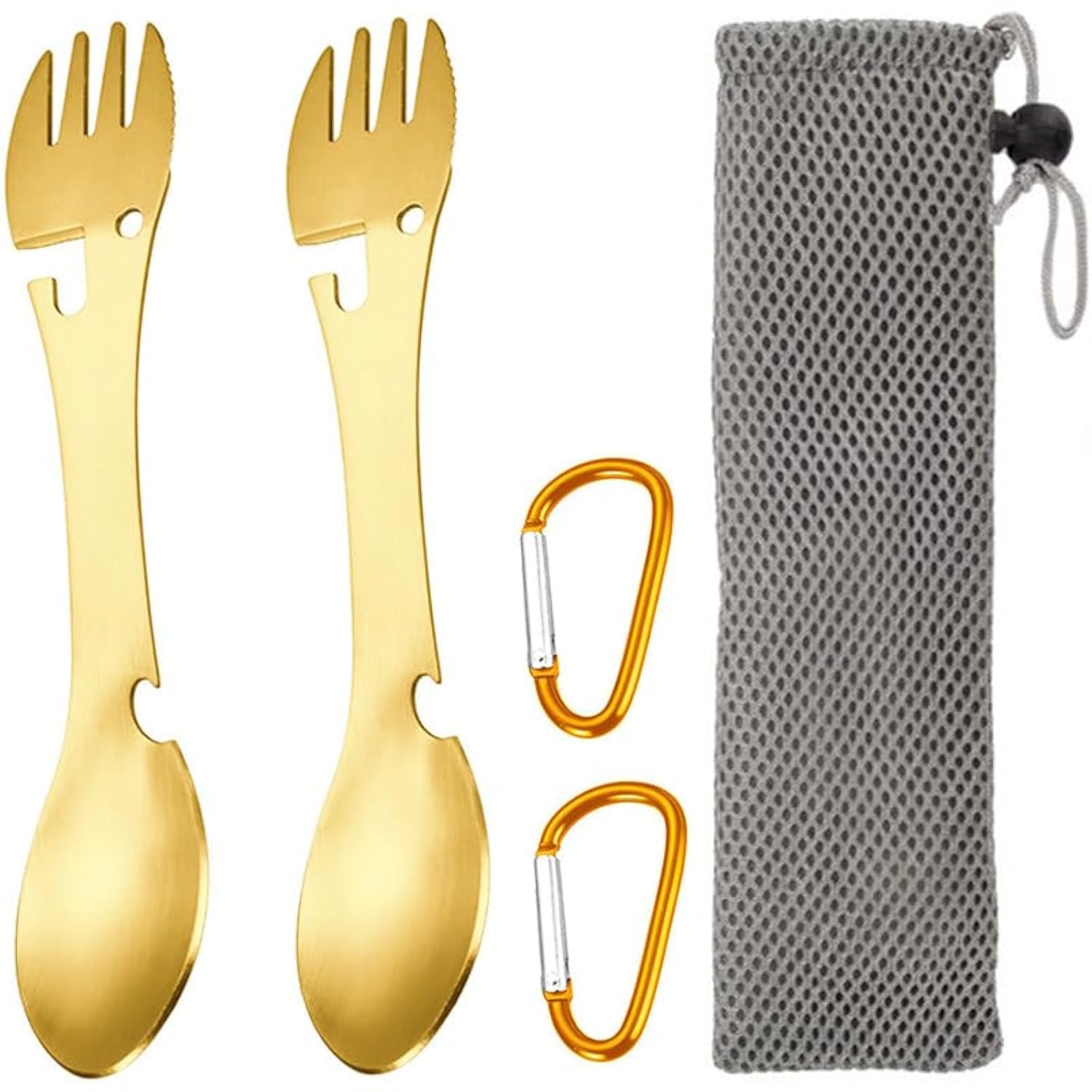2-Pack Utility Tactical Spork for Camping, 5-in-1 Multi-Functional Stainless Steel Spork, Knife, Can & Bottle Opener, with Carry Bag and Carabiner - Camping Utensil Set for Picnics (Gold)