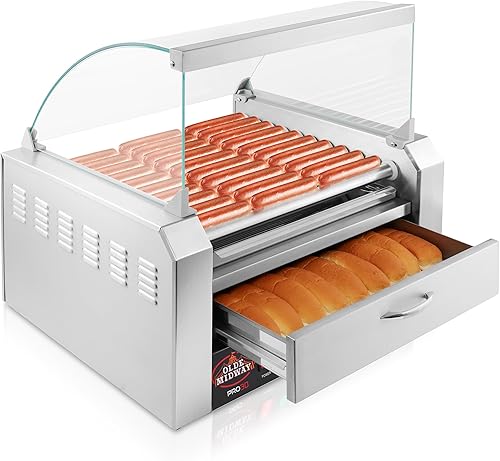 Miniatura 3 de Olde Midway Máquina eléctrica de 30 Hot Dog 11 Roller Grill Cooker Machine con cajón de calentamiento de bollos y tapa, grado comercial, acero