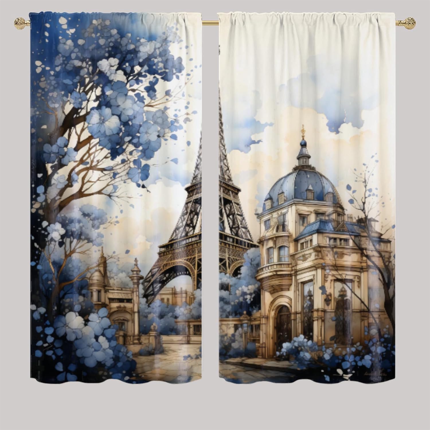Paris Eiffel Tower, Blackout Curtain Panels Vintage French Landscape Yellow Scenery Rod Pocket Thermal Insulated Room Darkening Curtains for Living Room 42x54 Inch