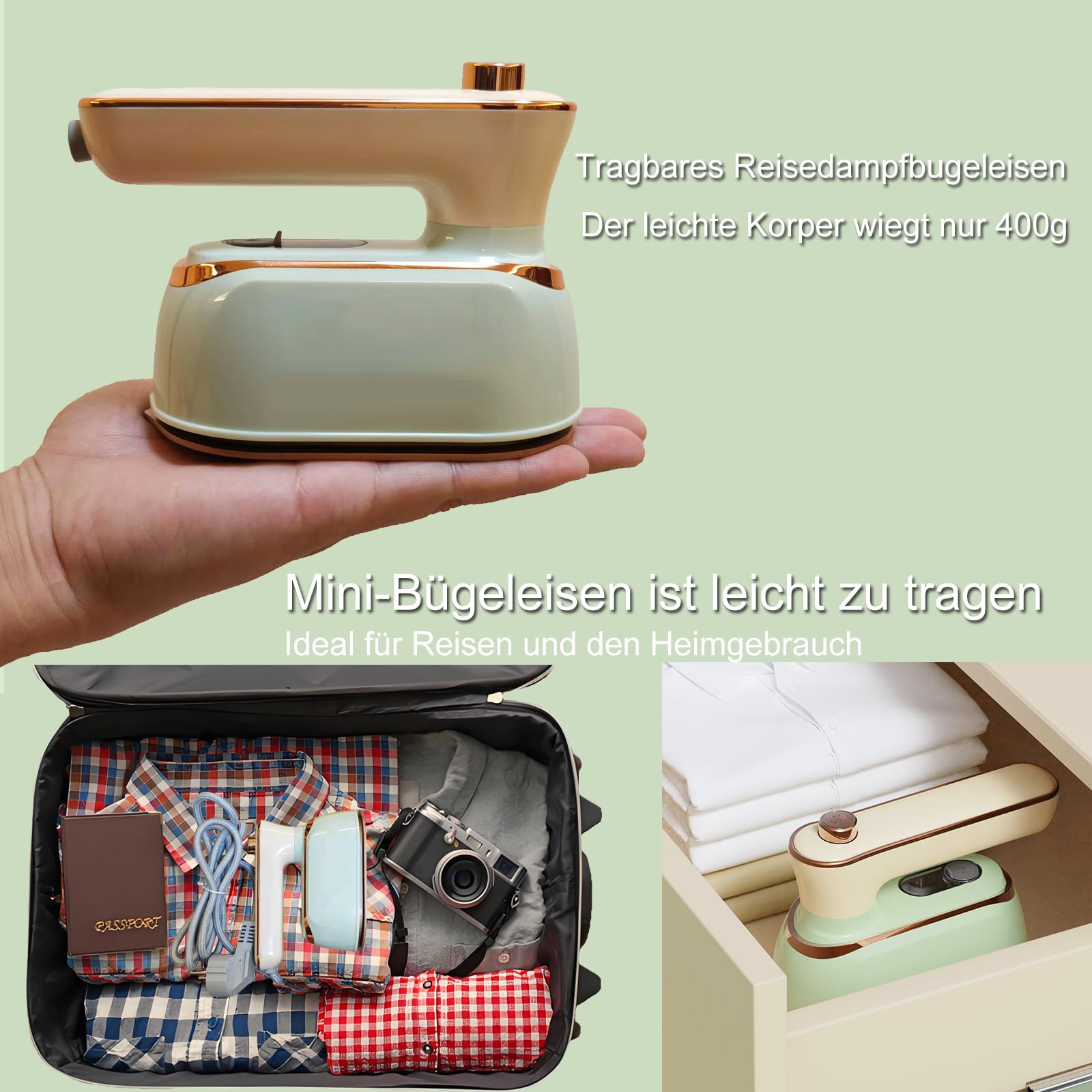 Ferro da Stiro da Viaggio, Ferro da Stiro a Vapore Pieghevole, Ferro da Viaggio, 1000W, Riscaldamento Rapido 20s, Ideale per Casa, Ufficio e Viaggi, Adatto per Tutti i Tipi di Tessut