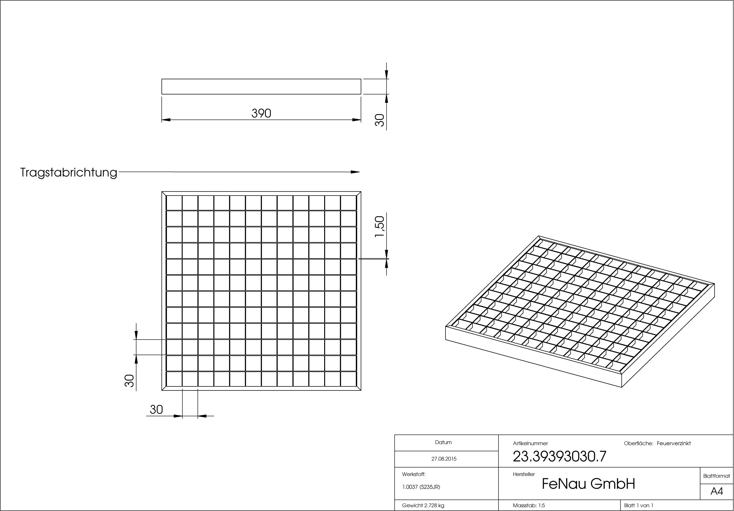 Fenau | Garaje piso Rejilla de acero Dimensiones: 390 x 390 x 30 mm - MW: 30 mm / 30 mm (galvanizado en caliente) (Apto para marco: Fenau 400 x 400 x 33 mm)