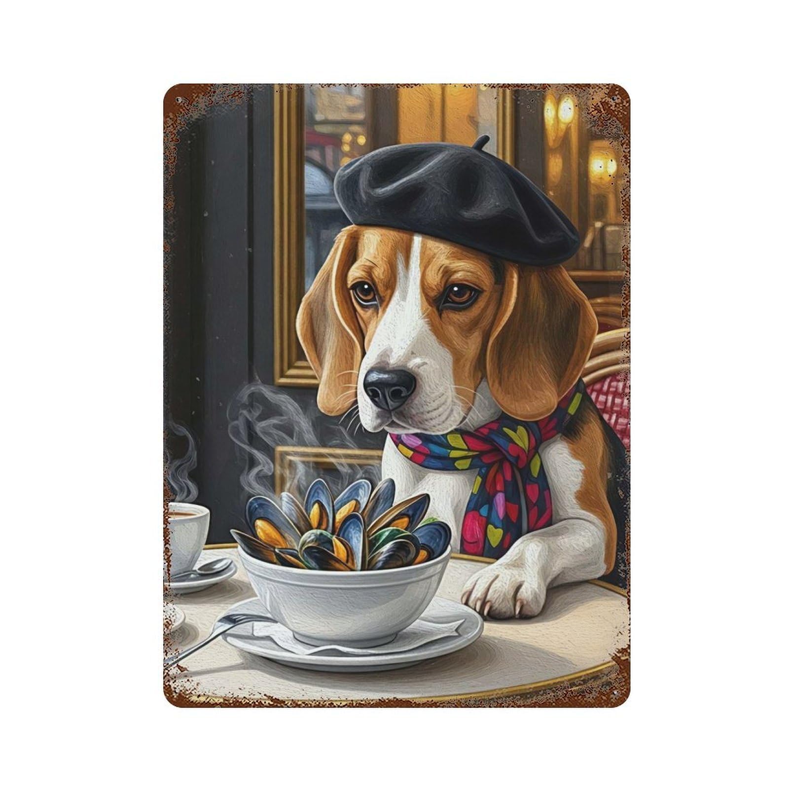 Decorative Tin Sign with Beagle in Paris with Mussels Design 15.7"x11.8", for Basement, Hobby Room And Garage Decor, Farmhouse Wall Decor