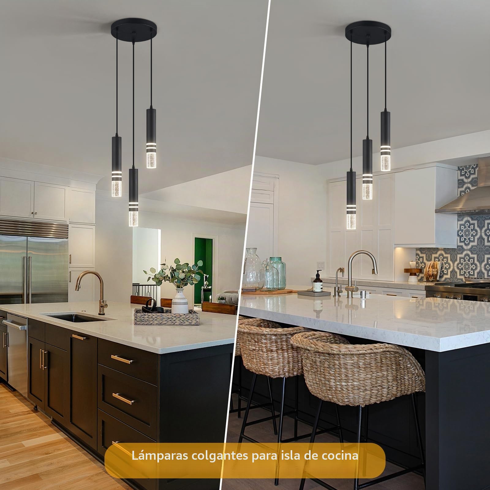 Moderno cristal colgante luz led negro colgante luz mini cocina isla suspensión iluminación para el dormitorio, el comedor y la Sala de estar (3-luz)