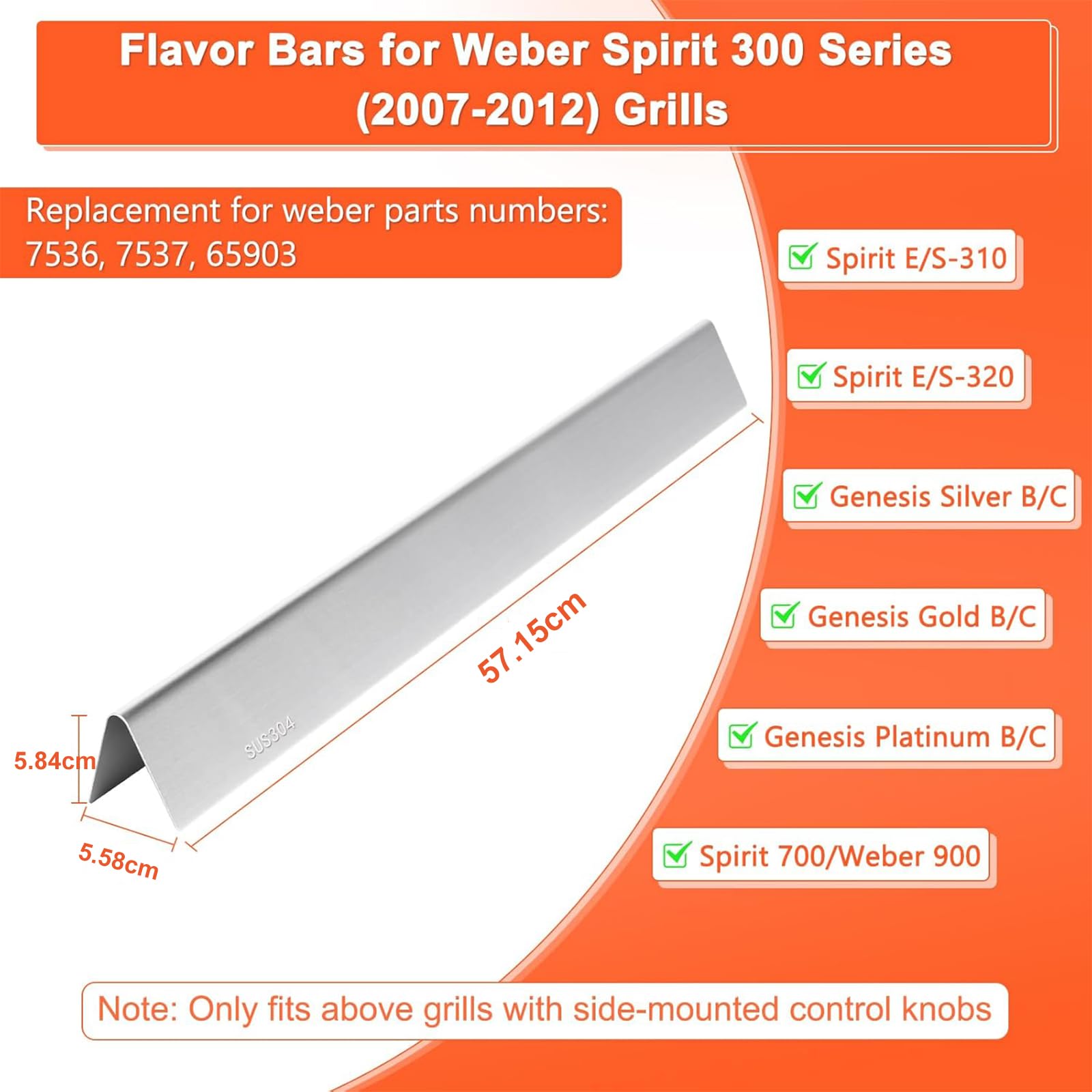 GFTIME Pręty smakowe 57,2 cm do Weber Spirit E310 E320 (z bocznymi pokrętłami sterującymi), Spirit 700, Weber 900, części zamienne do płyt grzewczych ze stali nierdzewnej do Weber 7536, 7537, 65903