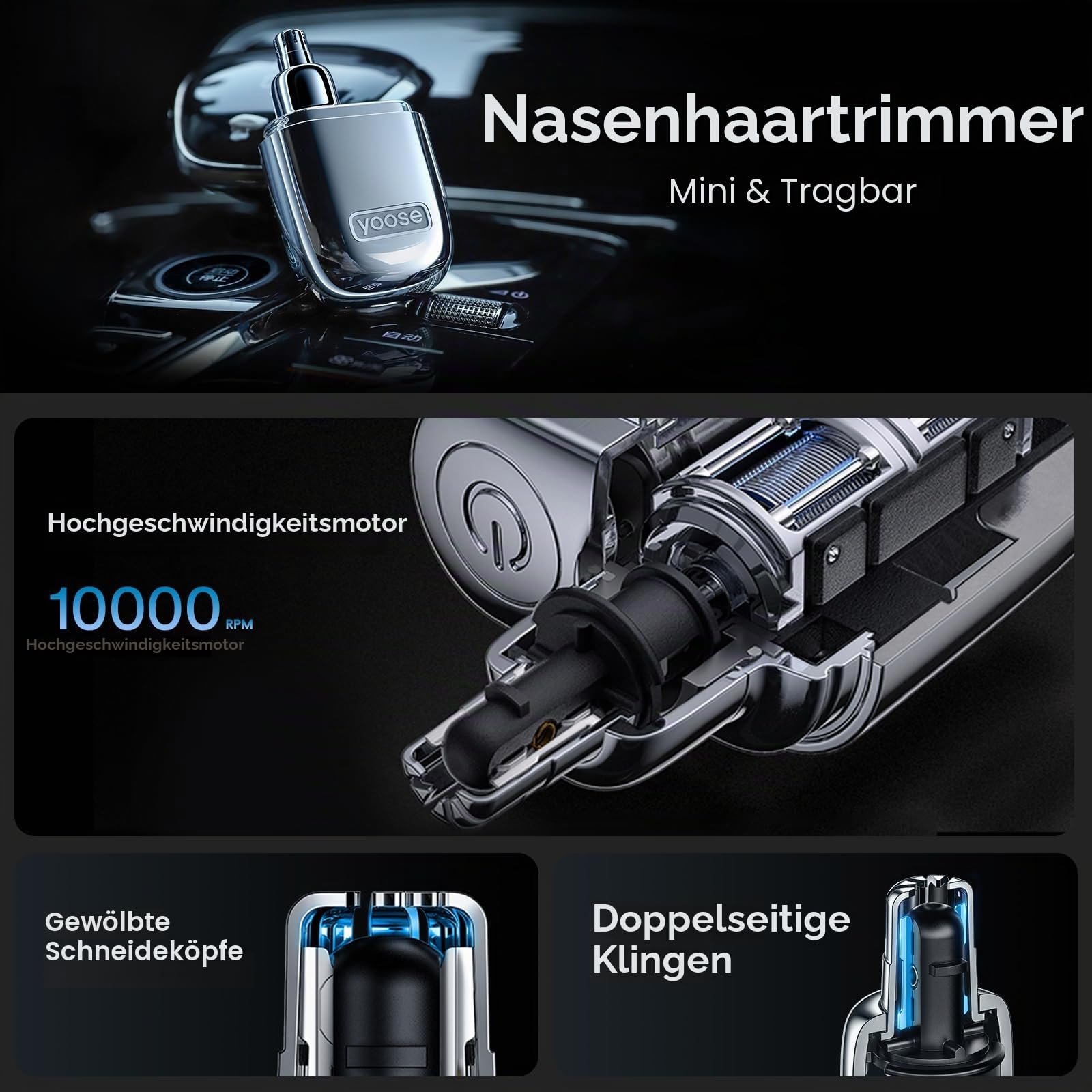 yoose MINI Rasierer und Nasenhaartrimmer, mit Superleisem Motor, Legierungsmaterial und IPX7 wasserdicht, yoose Pflegesets als idale Geschenk für Männer, Silber