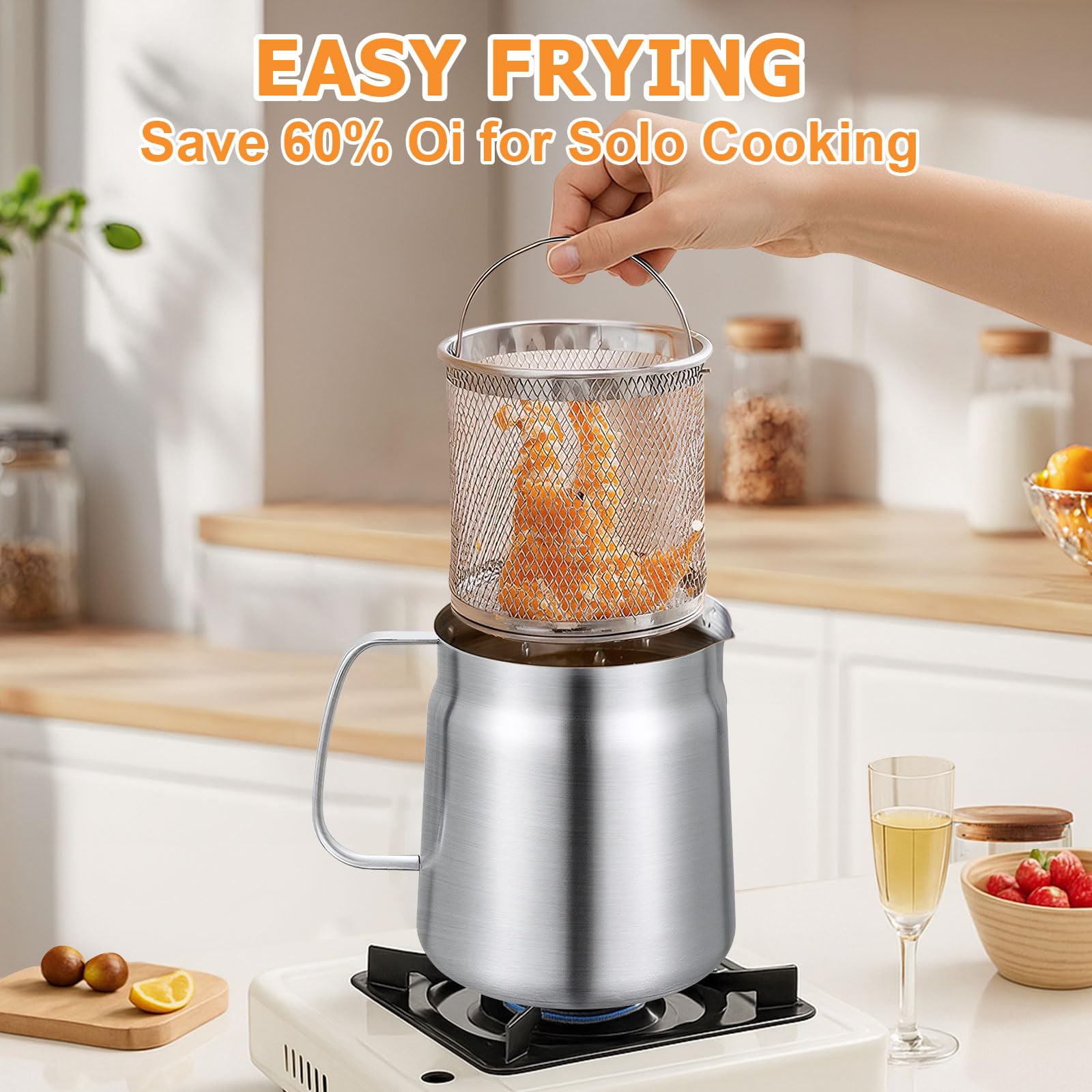Pot de filtre à huile en acier inoxydable 304 avec panier filtrant et maille, friture et graisse de cuisson pour cuisinière à gaz et cuisinière en céramique (2 L)