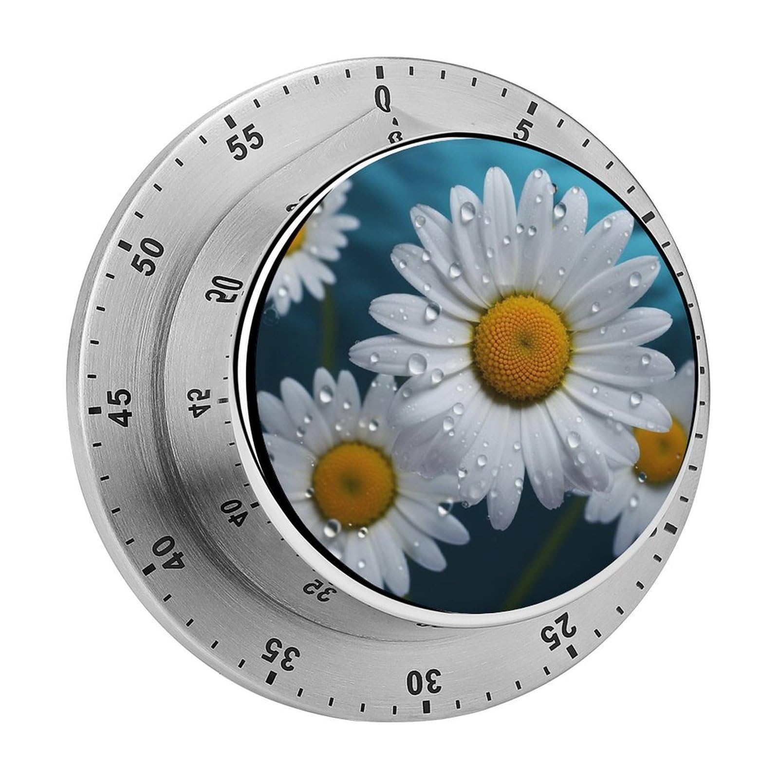 Mechanical Kitchen Timer with Magnetic Back, Stainless Steel Manual Daisy Flowers Printed Timer for Cooking and Time Management
