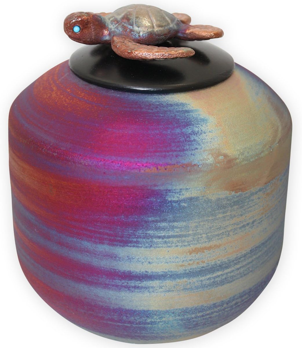 Honu Ceramic Medium Cremation Urn - Handmade Funeral Urn Topped with a Sculpted Sea Turtle