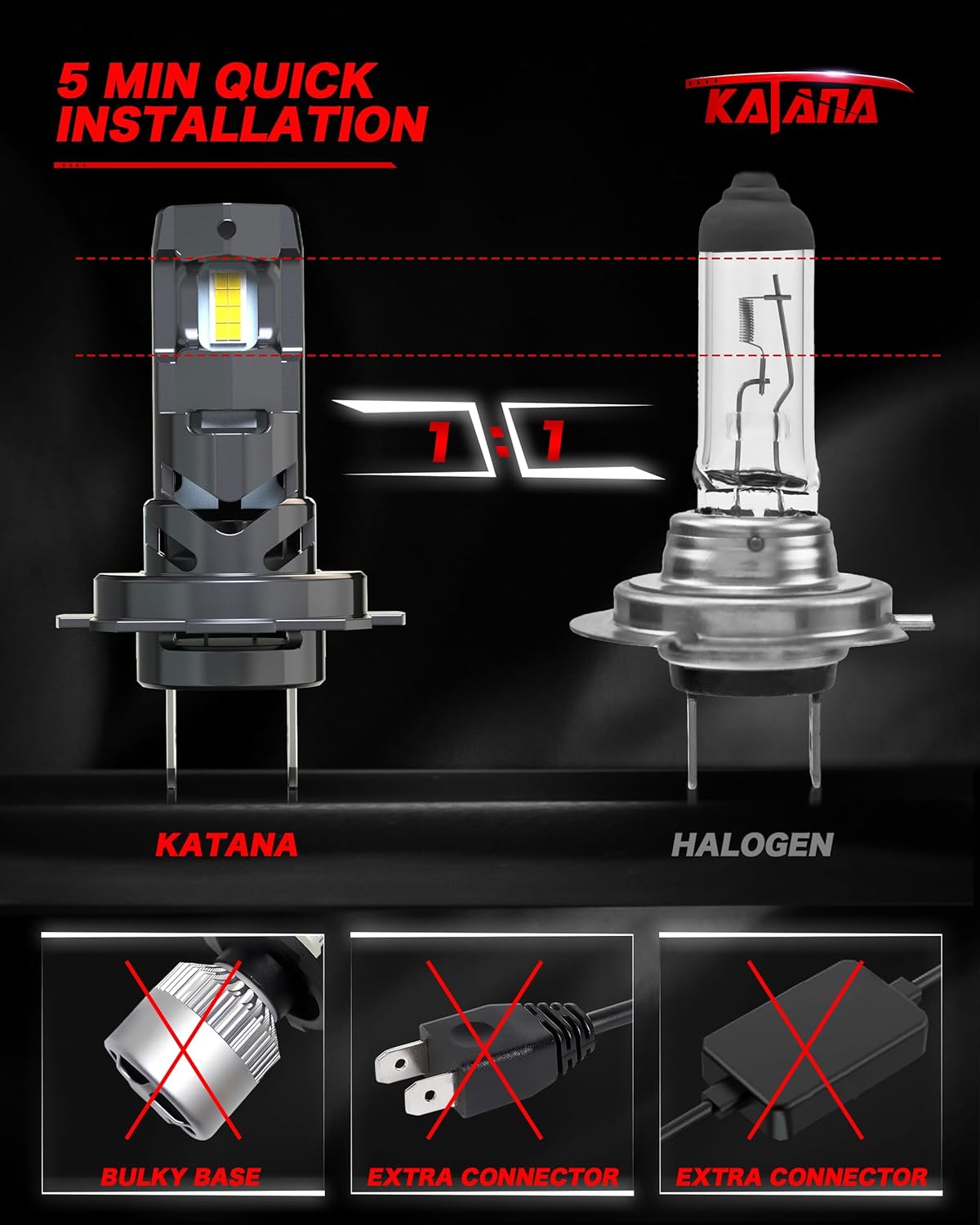 KATANA H7 Light Bulbs, No Adapter Required 400% Brightness 6500K Non-Polarity Plug and Play, Powersports, Pack of 2