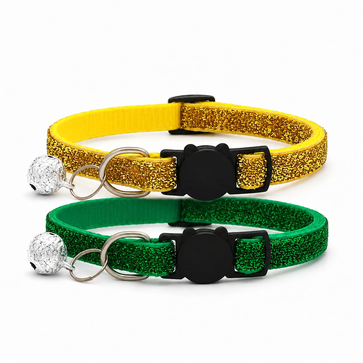Glitter Cat and Kitten Collar with Bell and Safety Release Buckle, Adjustable 19-35cm Design, Pack of 2, Available in Red, Pink, Blue, Silver and Gold. (Green and Gold)
