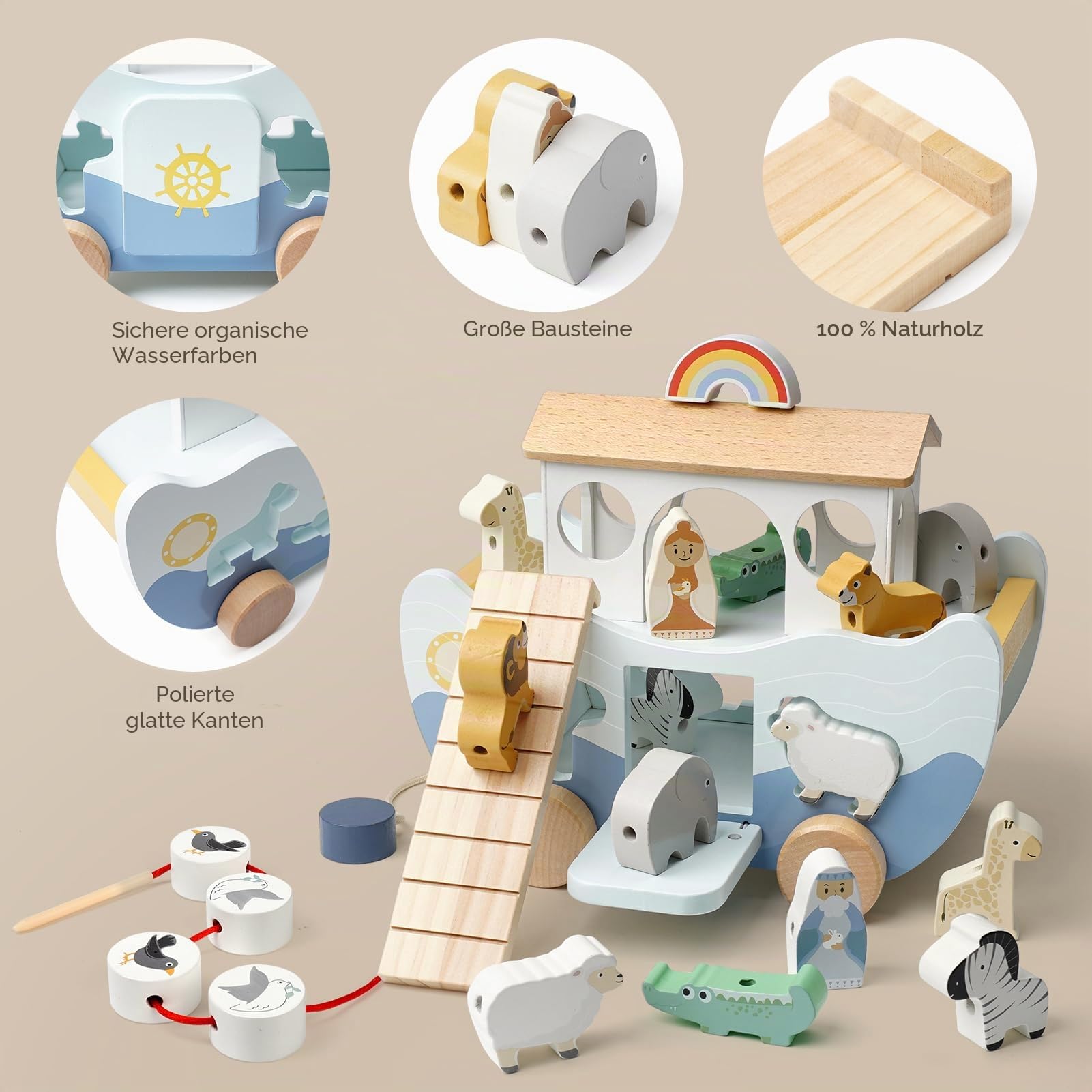 Joyreal Arche Noah Holz - Taufgeschenke für Mädchen Jungen Kinder, Montessori Spielzeug Lernspielzeug mit Bauernhof Spielzeug Sortier Stapel, Geschenk Taufe