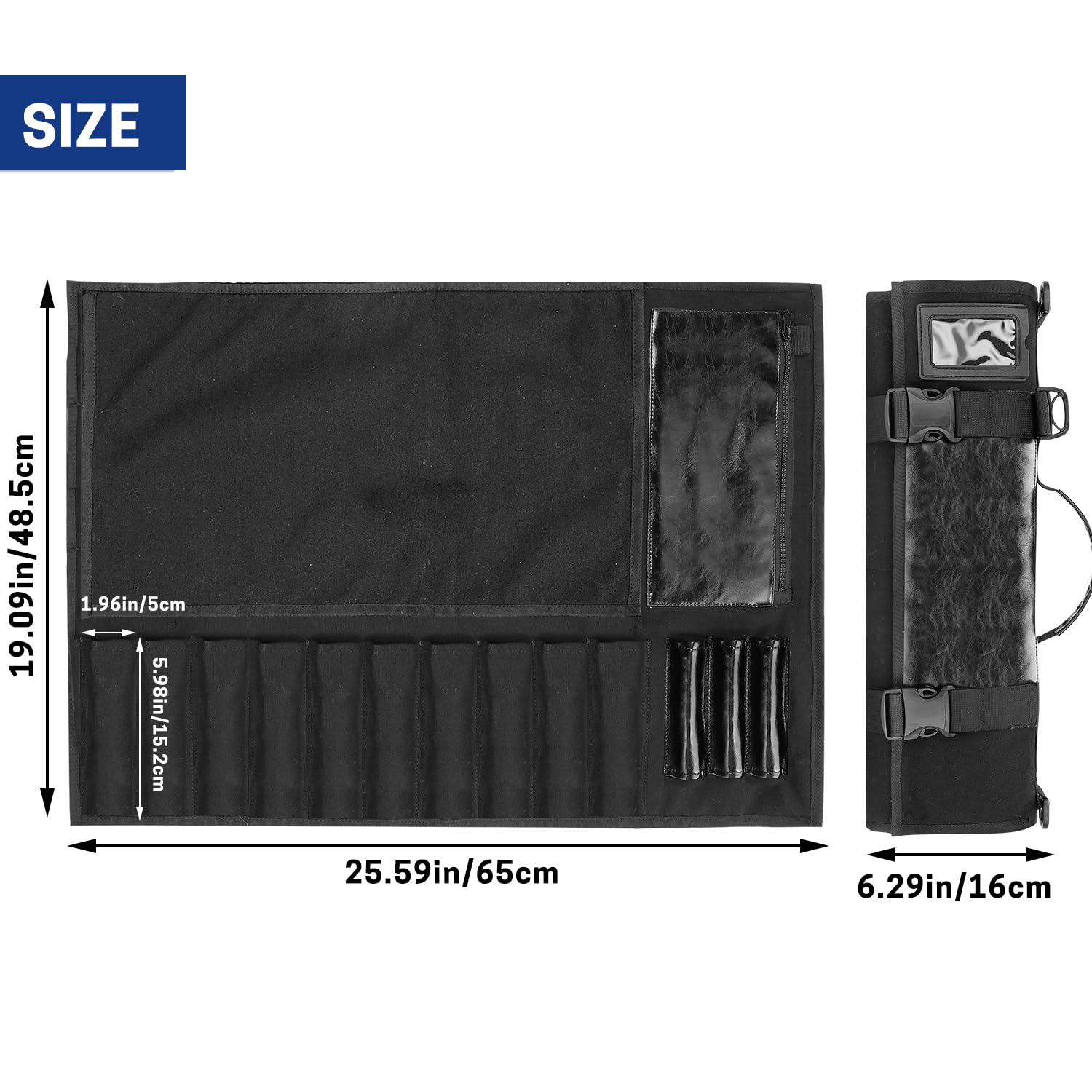 Borsa arrotolabile per coltelli da chef, in tela resistente e pelle, custodia impermeabile per coltelli con 10 scomparti e 1 custodia rimovibile, per casa, cucina, campeggio, escursionismo