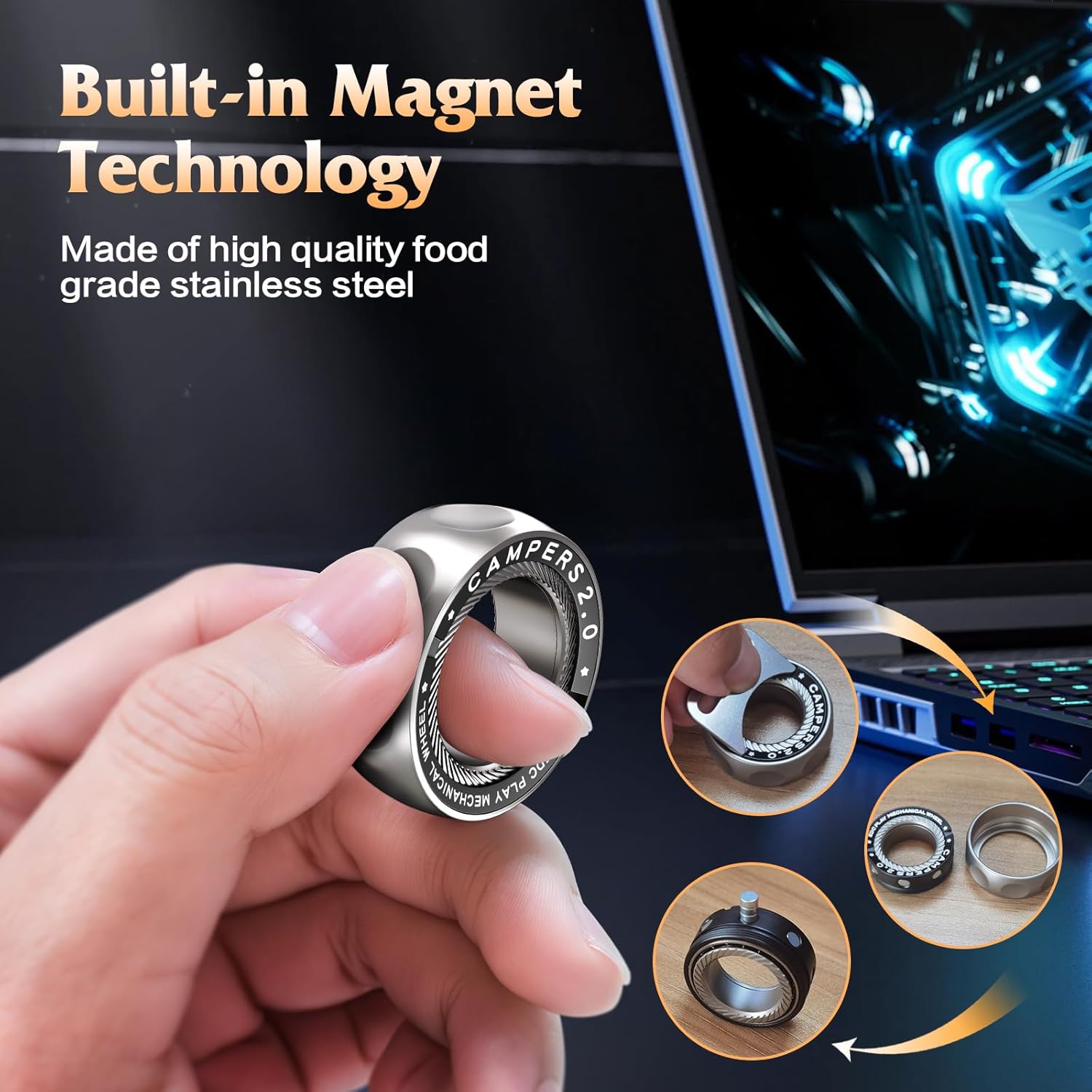 Upgrade Fidget Spinner for Stress Relief,Magnetic Fidget Spinner Rings with Rotating Sounds/Anti-Slip,Stainless Steel Ring Toy Stress Anxiety ADHD Relief Tool, Gifts for Adults and Teens