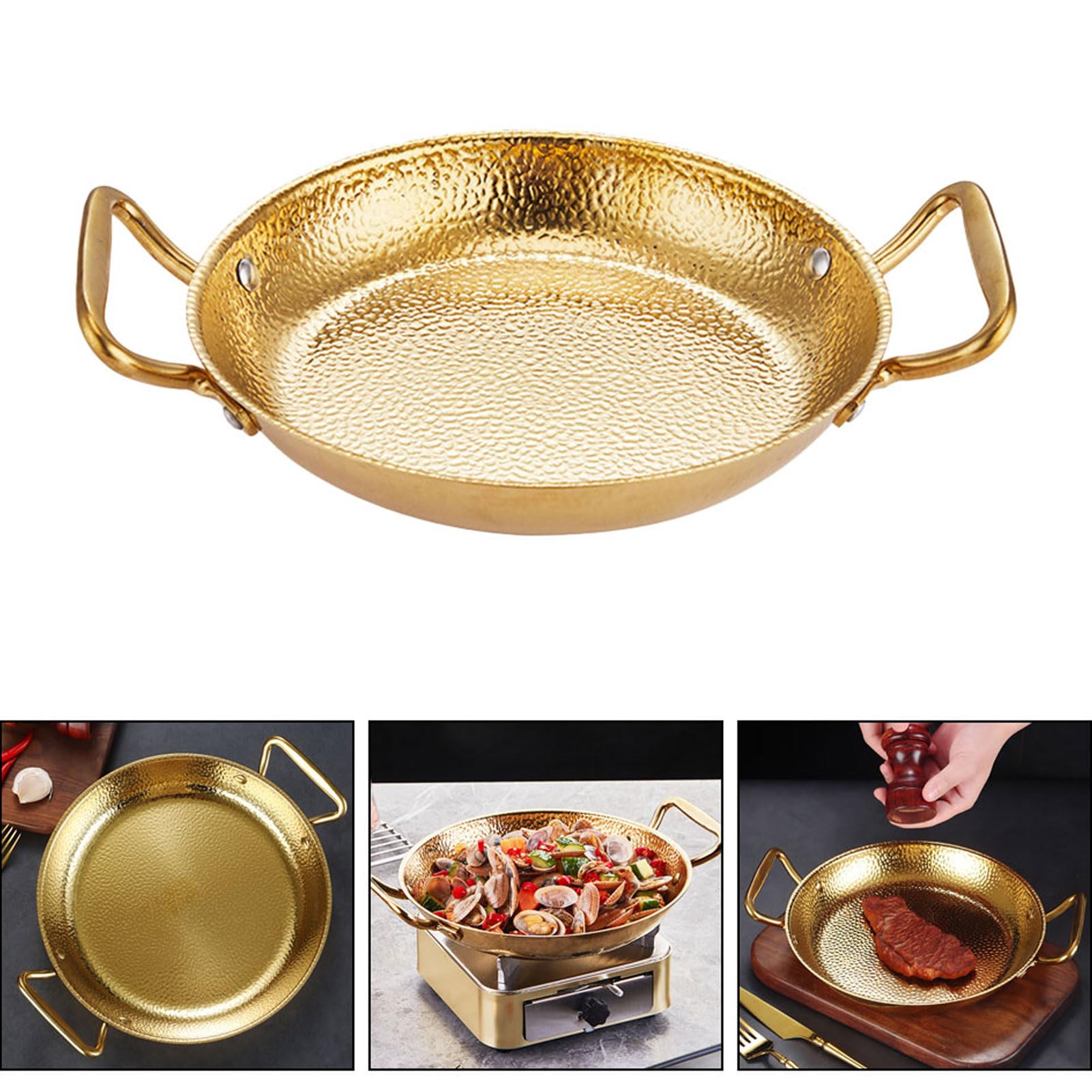Padella per Paella in Acciaio Inossidabile Piastra in Acciaio Inossidabile con Doppio Manico, Grigliata di Frutti di Mare Padelle Antiaderenti per Il Campeggio E La Casa di Raccolta,d'oro,22cm