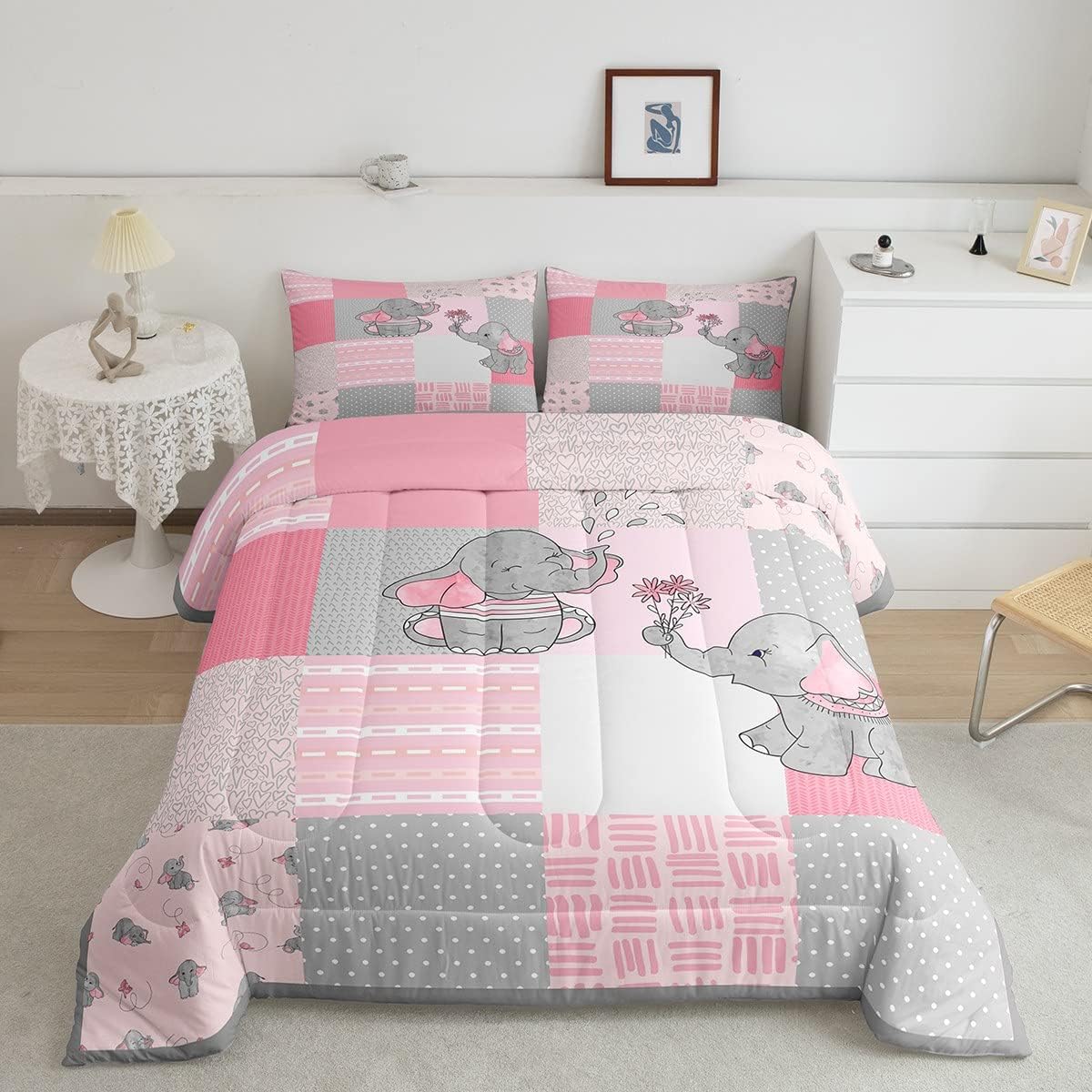 Girly Cute Elephant Comforter Set Twin Size,Pink Gray Plaid