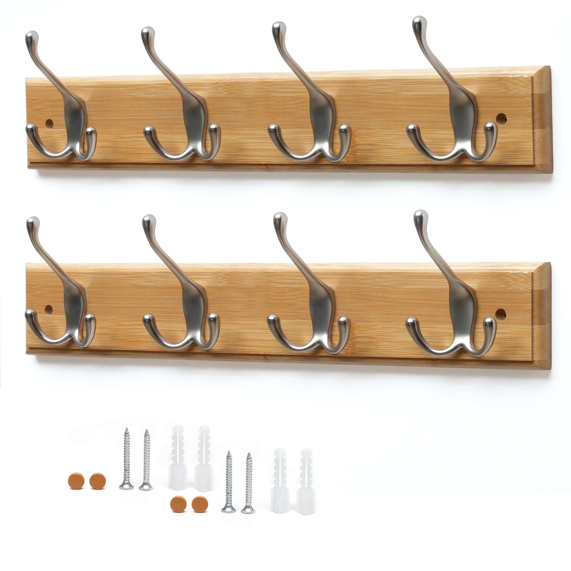 Flatro 4 Triple Hook Bamboo Coat Hooks Wall-Mounted | Bamboo Coat Rack With 4 Triple Zinc Alloy Hooks To Hang Hats, Jackets, Bags, Keys, Towels & More | Fixings Included (, Pack Of 2)