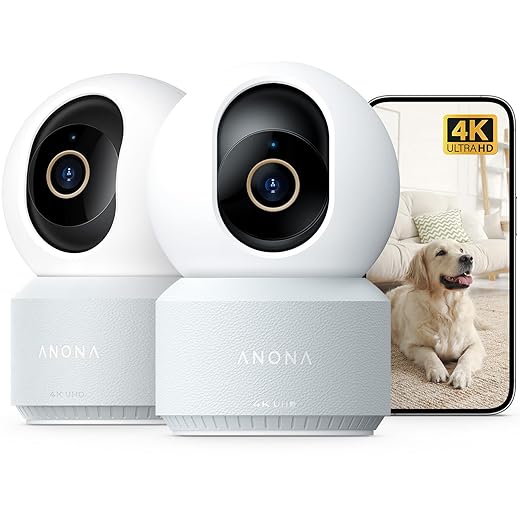 Anona 4K UHD Indoor Camera, Pet/Dog/Baby Security Camera with Phone App, 360°Pan-Tilt, 5G/2.4G Dual-Band Wi-Fi 6, Auto-Tracking, Person/Pet/Baby Crying Detection, Privacy Mode, Two-Way Audio, 2 Pack