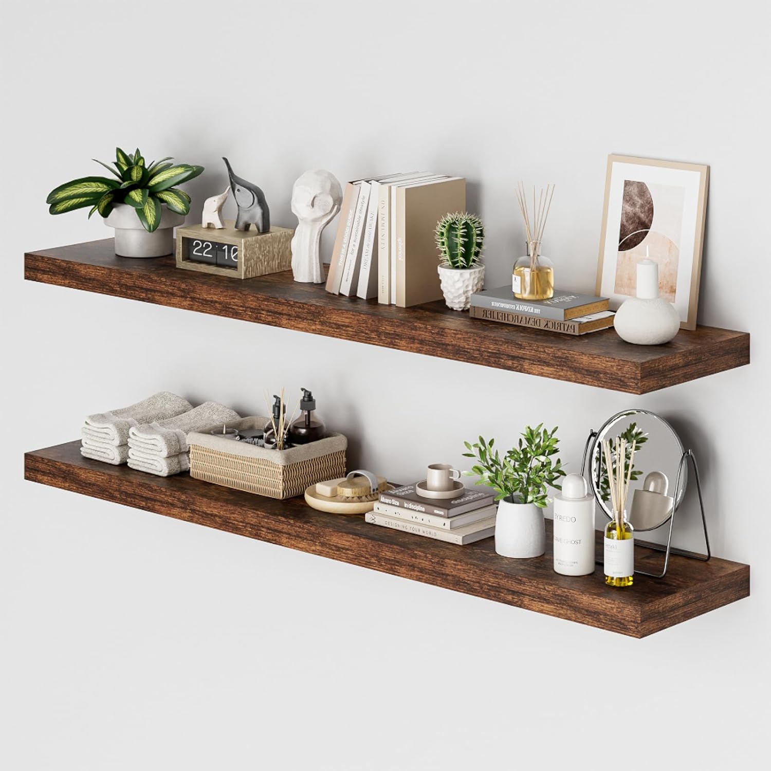 Heimlove 12 Inch Deep Floating Shelves, 55 x 12 inch Extra Long Floating Shelves for Wall, Large Display Shelf & Storage Shelf for Living Room Bedroom Kitchen Home Office, Set of 2, Rustic Brown Rustic Brown 55.1"W x 11.6"D x 1.5"H, 2 Pack