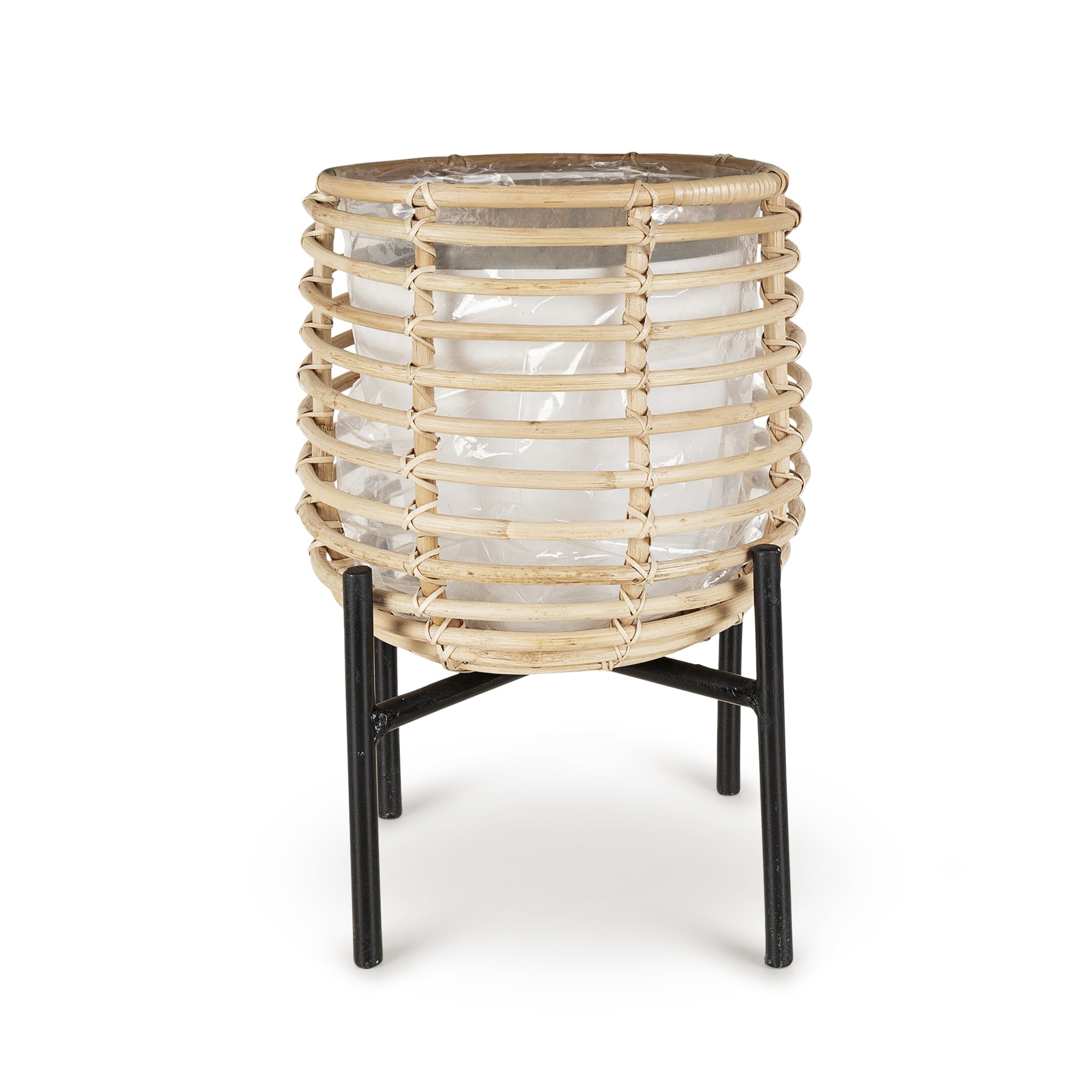 Olly & Rose Plant Stand Natural Rattan and Iron 24cm Diameter Large Planter Stand Plant Pot for Medium and Large Plants and Flower Arragements with Liner