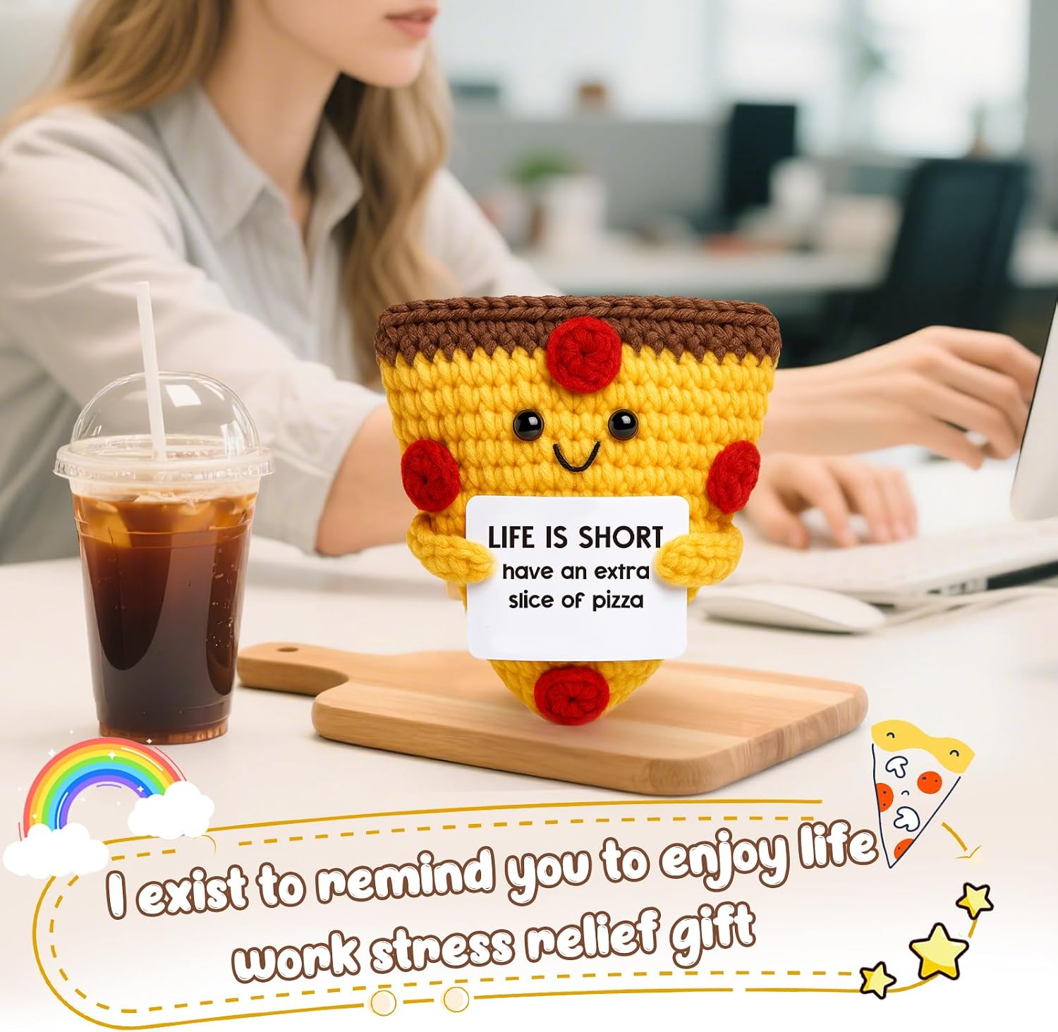 OCCdesign Mini Stress Relief Gifts for Women Men Humor Support Handmade Crochet Pizza Gift Coworker Friends Work Bestie Funny Burnout Self Care Mental Health Birthday Gifts Ideas Office Desk Decor image 2