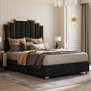 AMERLIFE Queen Size Upholstered Bed, Modern Velvet Bed Frame with 61.4 Tall Gold Trim Headboard, No Box Spring Needed, Black