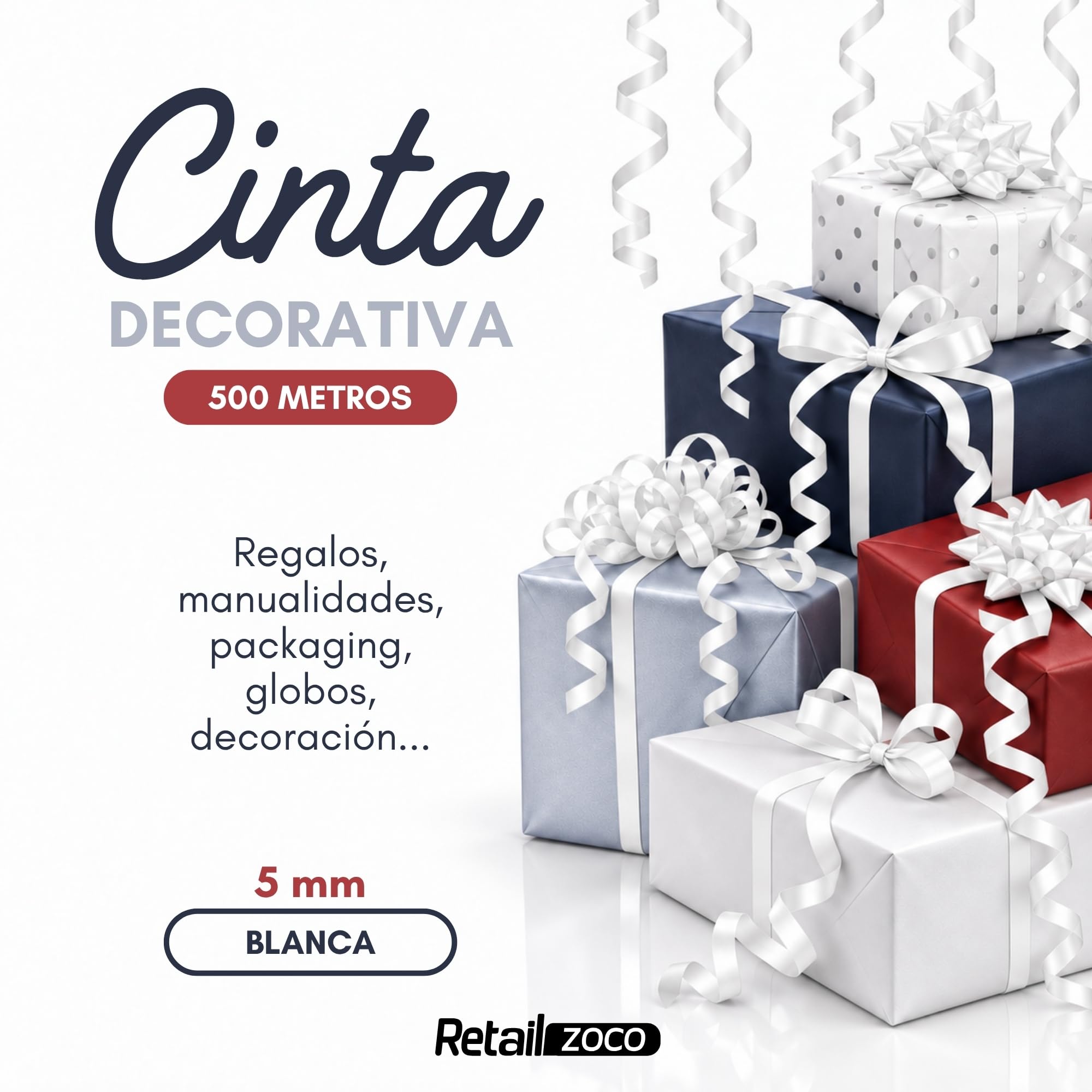 Cinta de regalo, cinta embalar para rizar, 5 mm ancho, 500 metros, Blanco - imagen 2