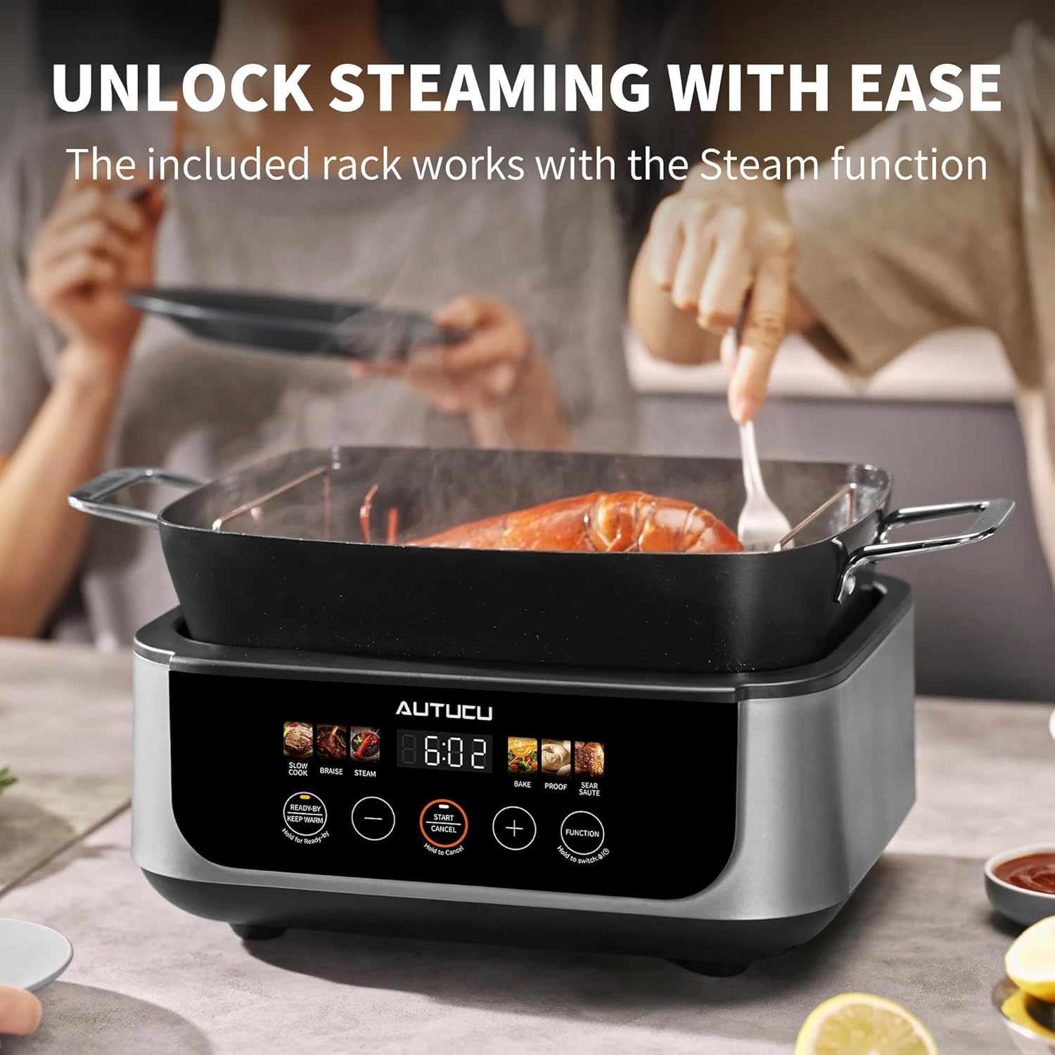 Slow Cooker 7 Quart | Programmable Multi-Cooker PFOA-Free Ceramic Coating, Steamer, Sear sauté, Warm Function (Includes Silicone Spoon)
