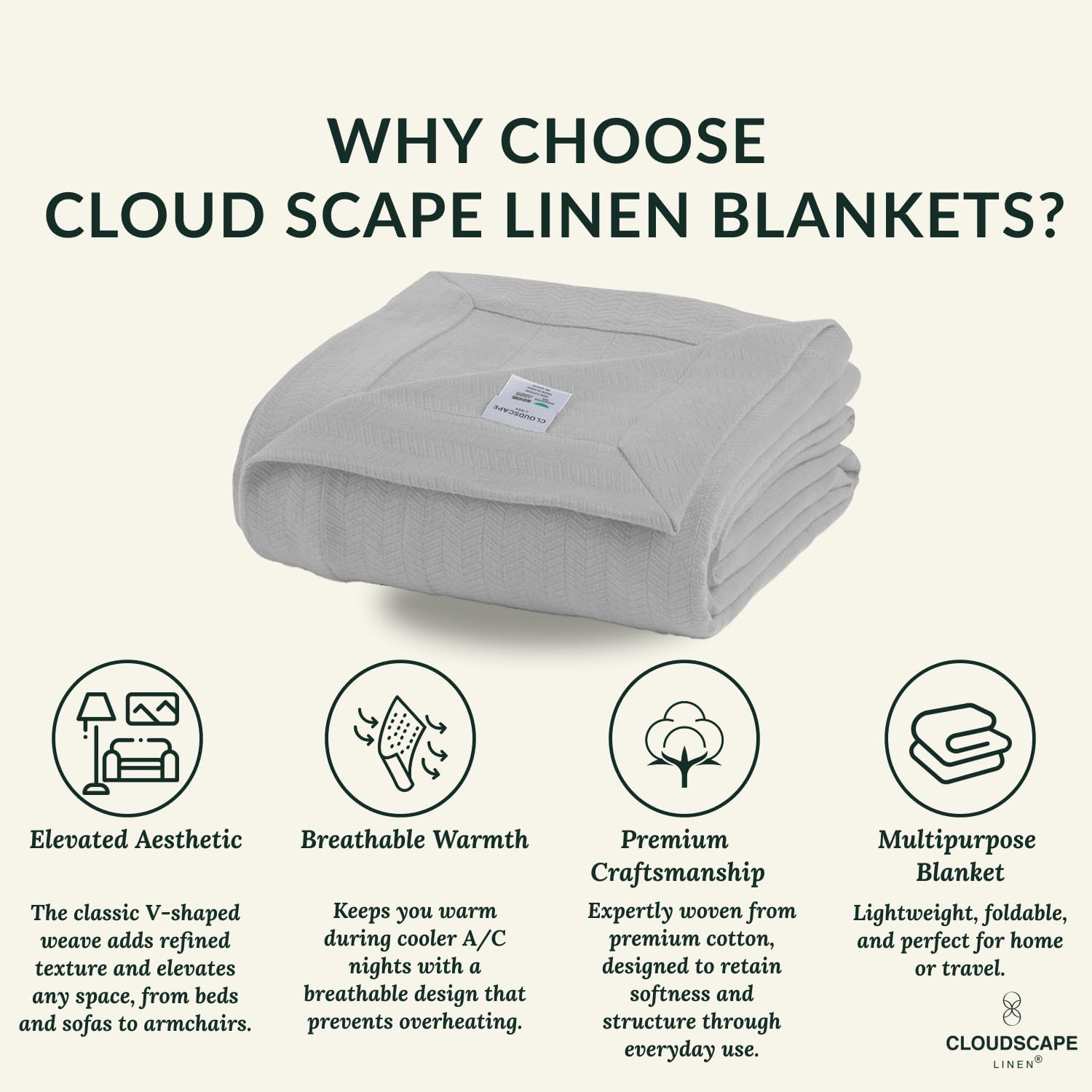 Cloud Scape Linen 100% Cotton Blanket 92x92 Charcoal Grey - Cozy Herringbone Weave, Fits Up to for Full Size Beds, Breathable Softness, All-Season Warmth, Winter Blanket, for Women - Image 3